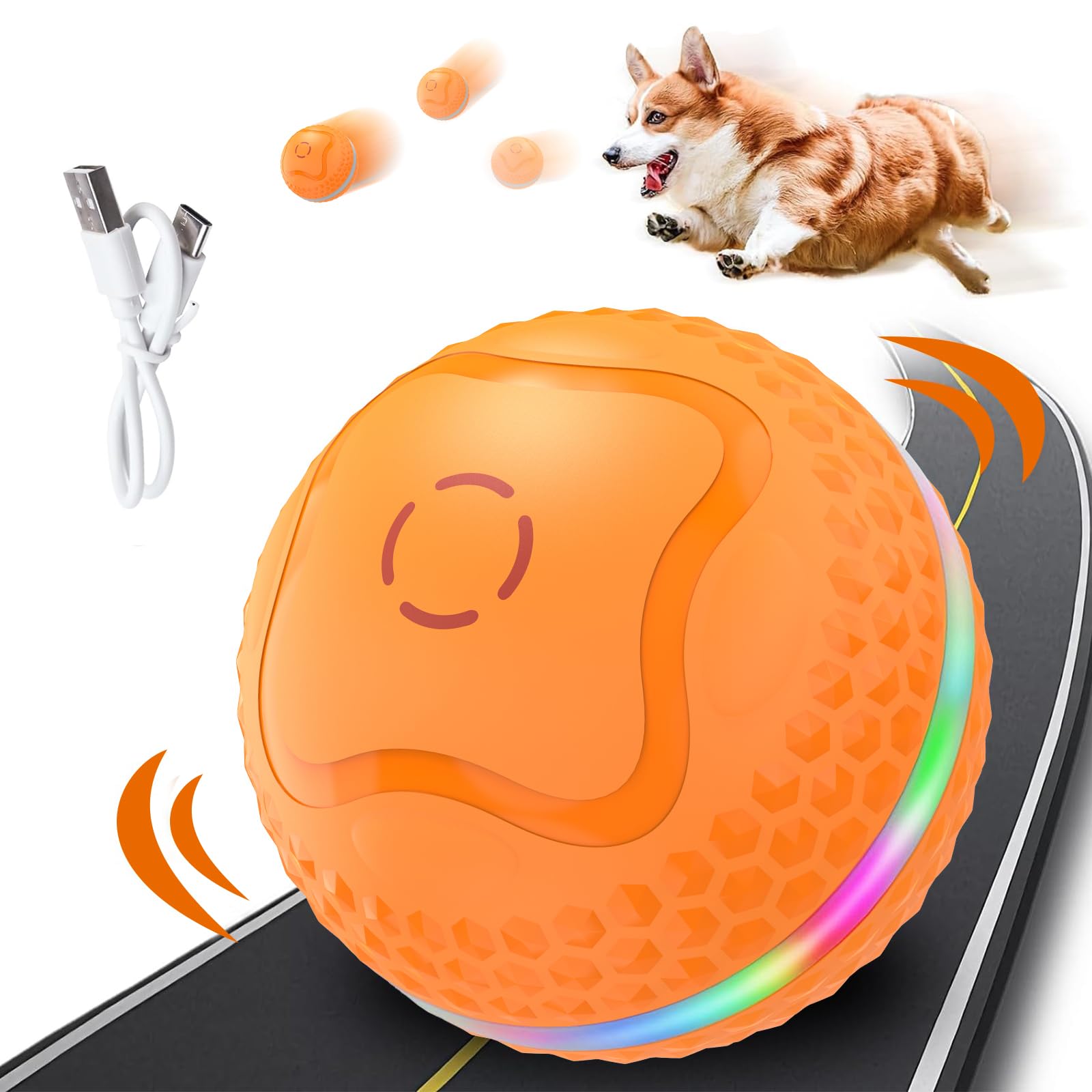 Grandes Pelota Interactiva para Perros, Ø 85 mm Juguete Automático para Perros con Luz de Flash LED, Ecargable por USB, Duro y Resistente a Las Mordeduras, para Perros Medianos y Grandes (Calabaza)