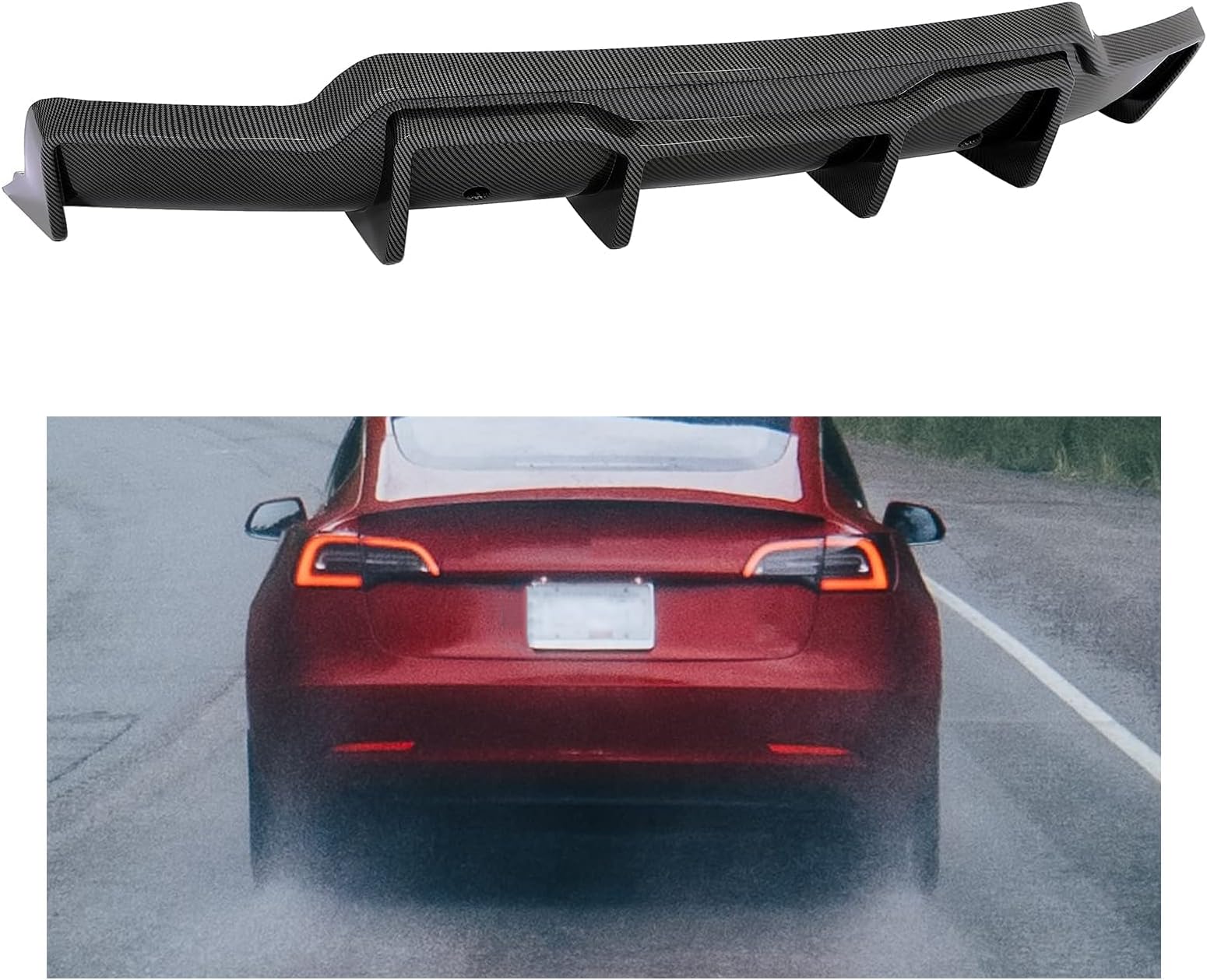 KUAFU Rear Bumper Diffuser Compatible with 2017-2023 Tesla Model 3 Sedan Lower Bumper Lip Spoiler Valance Protector Body Kit V Style Carbon Fiber Color