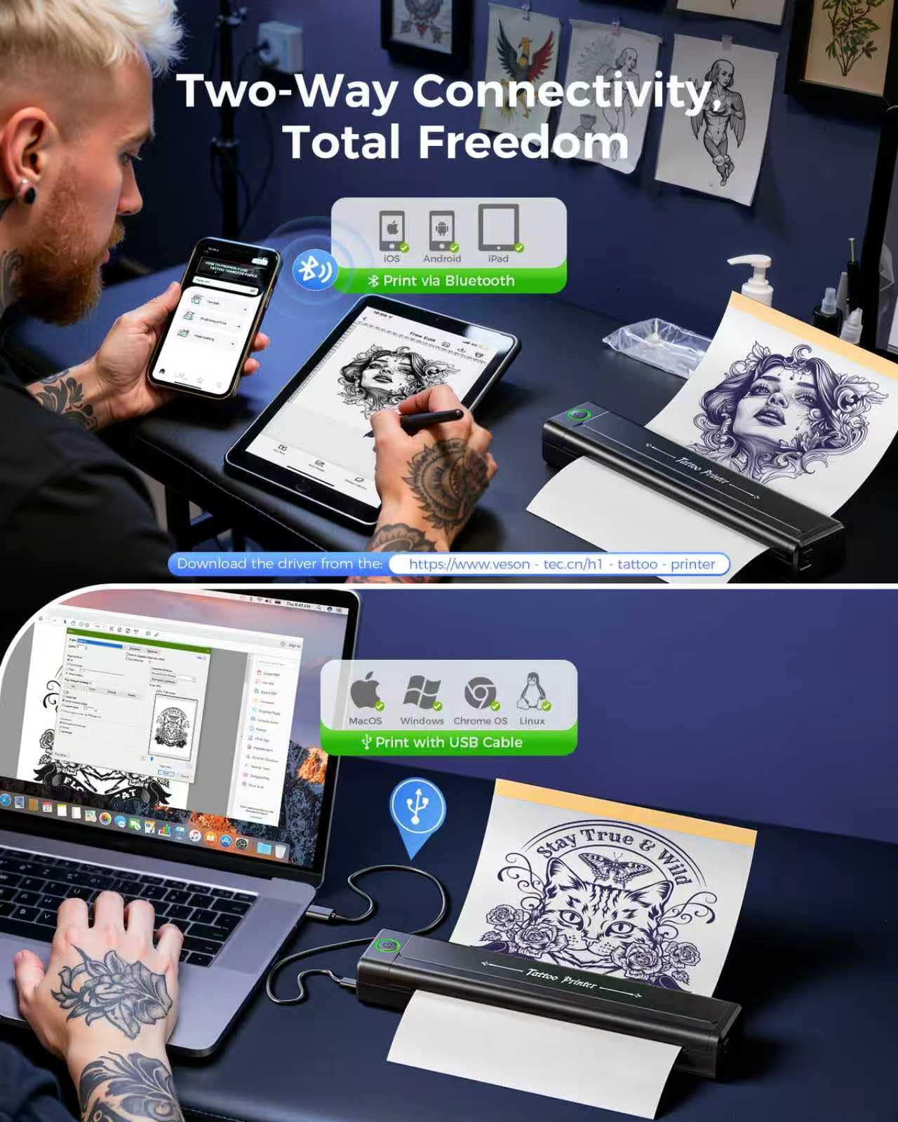 Veson H1 Termocopiadora Tattoo Bluetooth, Impresora Termica Tattoo Profesional Compatible con Phone y Tablet, Stencil Impresora para Tatuajes con 10pcs Termocopiadora Tatuaje Papel de Tatuaje