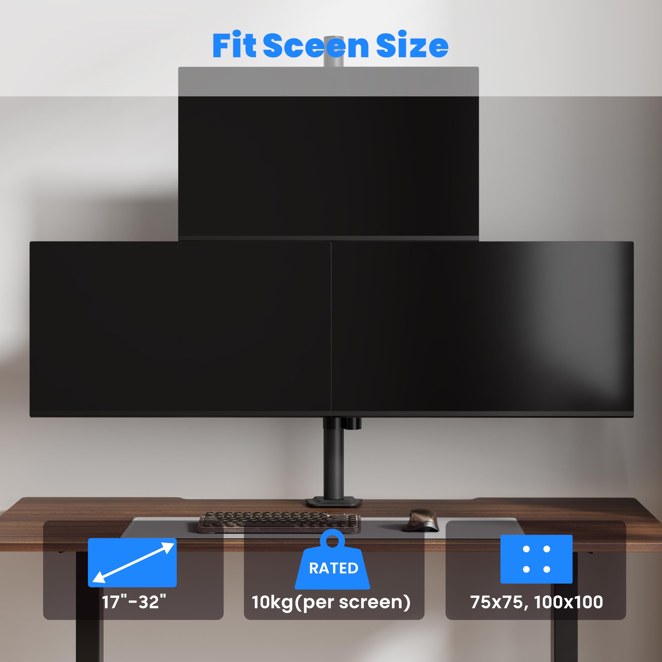 PureMounts Support Triple écran superposé 17-32 Pouces, VESA 75/100
