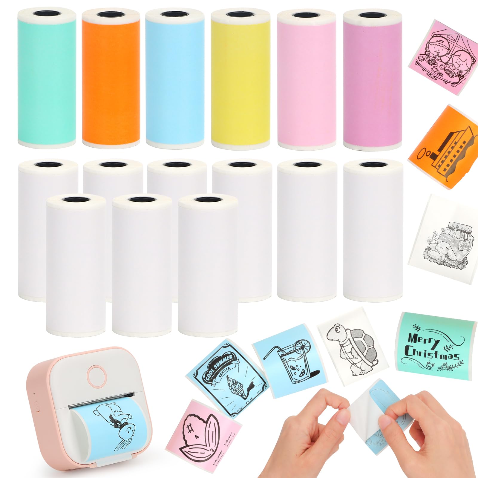 HUIJUTCHEN 15 Rolls Mini Thermal Sticker Paper,53 * 28mm Colorful Inkless Self-adhesive Printing Paper Compatible with Phomemo T02/M02/M02X/M02S Label