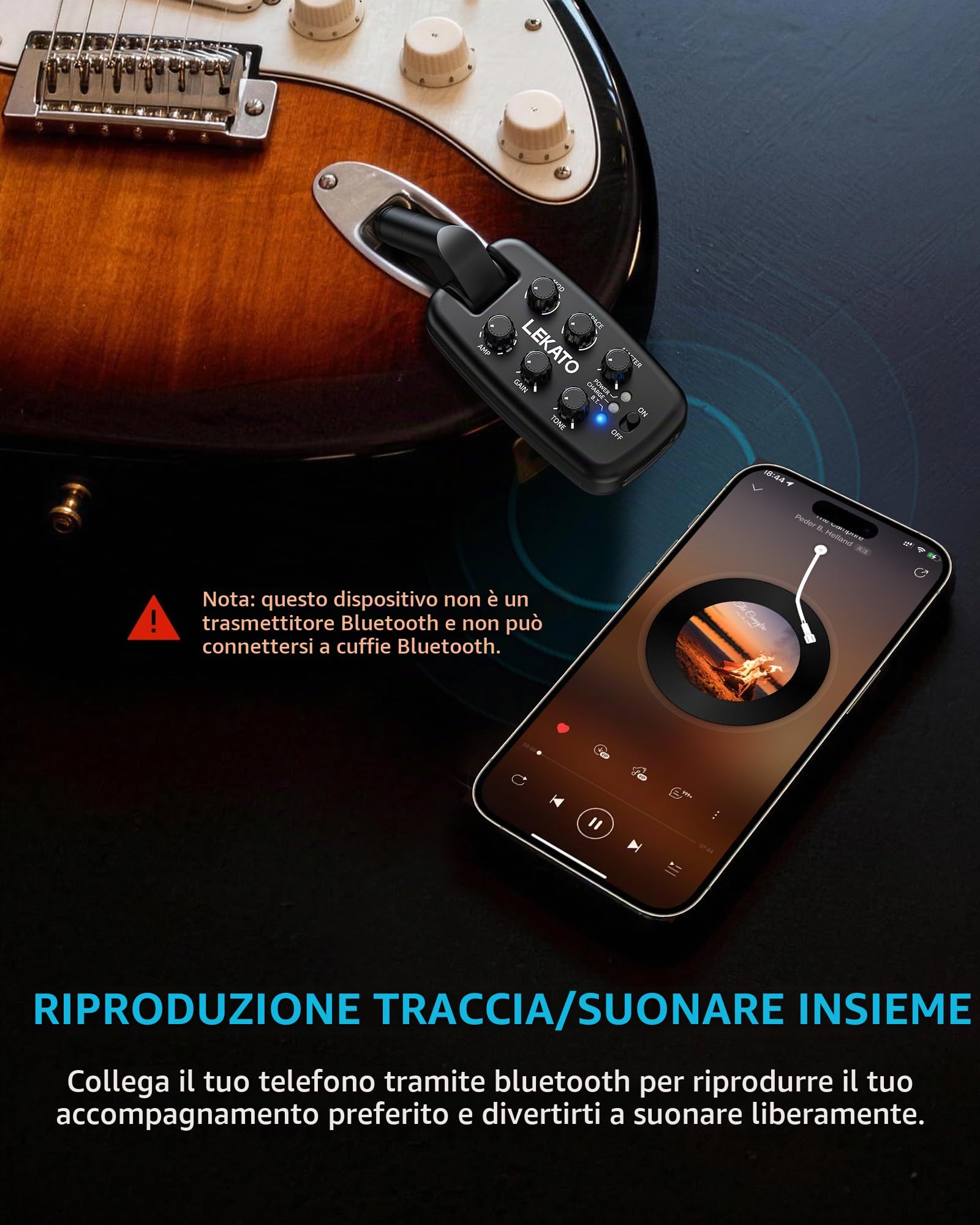 LEKATO Amplificatore per Cuffie da Chitarra, Amplificatore Portatile Plug-in per Pratica per Chitarra Elettrica e Basso, 9 Modelli di Amplificatore e 6 Effetti, Bluetooth 5.0, Spinotto Rotante a 180°