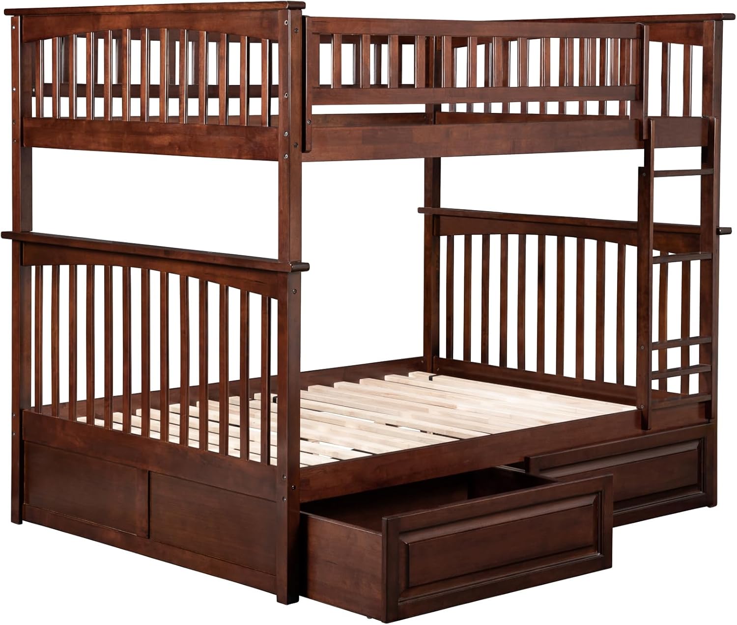 AFI Columbia Full Over Full Size Bunk Bed with Raised Panel Bed Drawers & Charging Station in Walnut