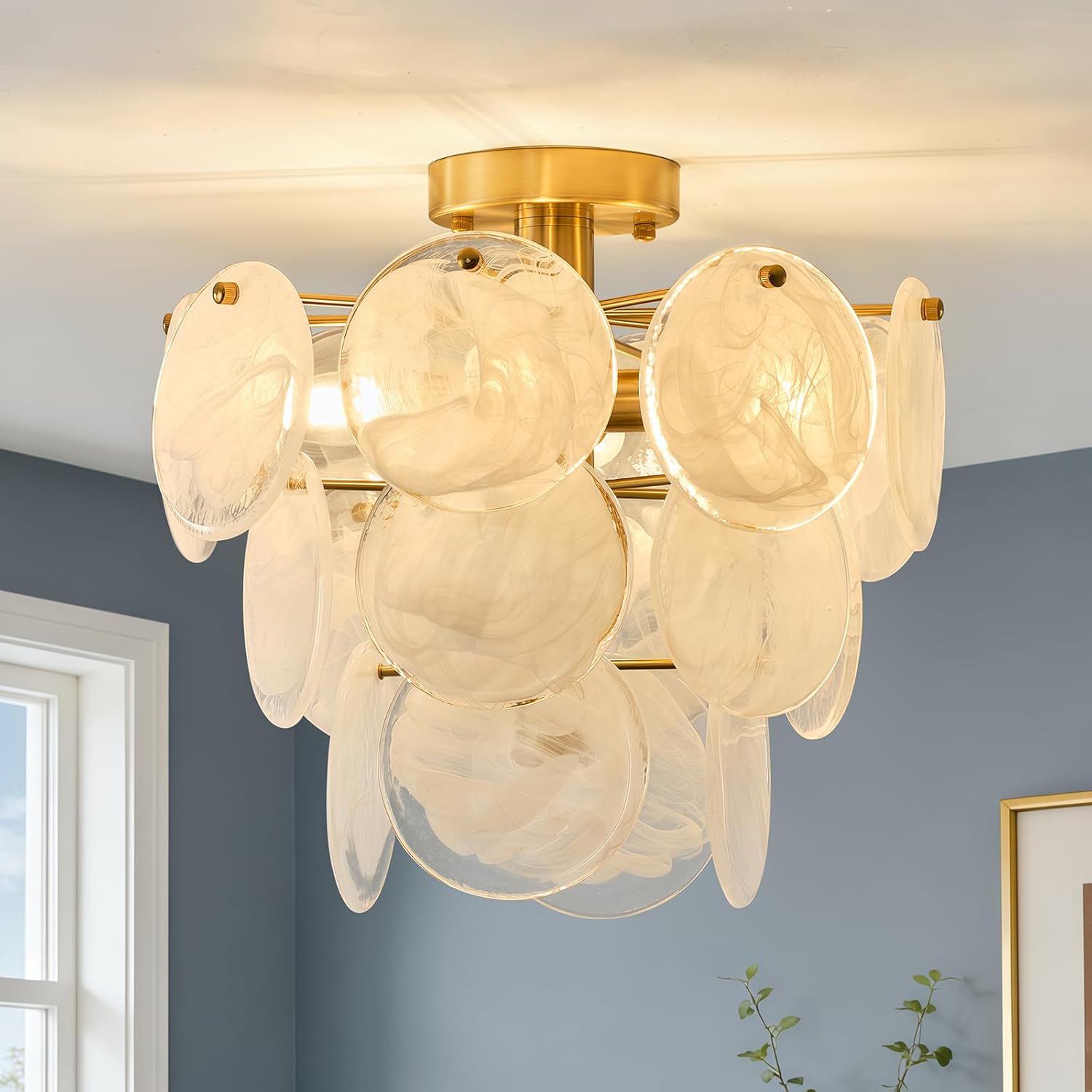 15" Brass Gold Semi Flush Mount Ceiling Light,13 lb Sturdy Vintage Flush Mount Chandelier with Unique Cloud Glass, 4-Light Modern Hallway Light Fixtures for Bedroom Laundry Room Foyer Entryway