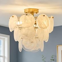 15" Brass Gold Semi Flush Mount Ceiling Light,13 lb Sturdy Vintage Flush Mount Chandelier with Unique Cloud Glass, 4-Light Modern Hallway Light Fixtures for Bedroom Laundry Room Foyer Entryway