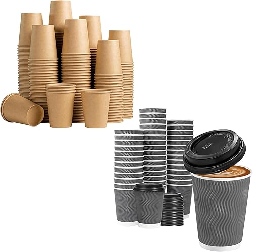 Lamosi Paquete de 200 vasos de papel kraft de 8 onzas y 50 tazas de café aisladas con tapas