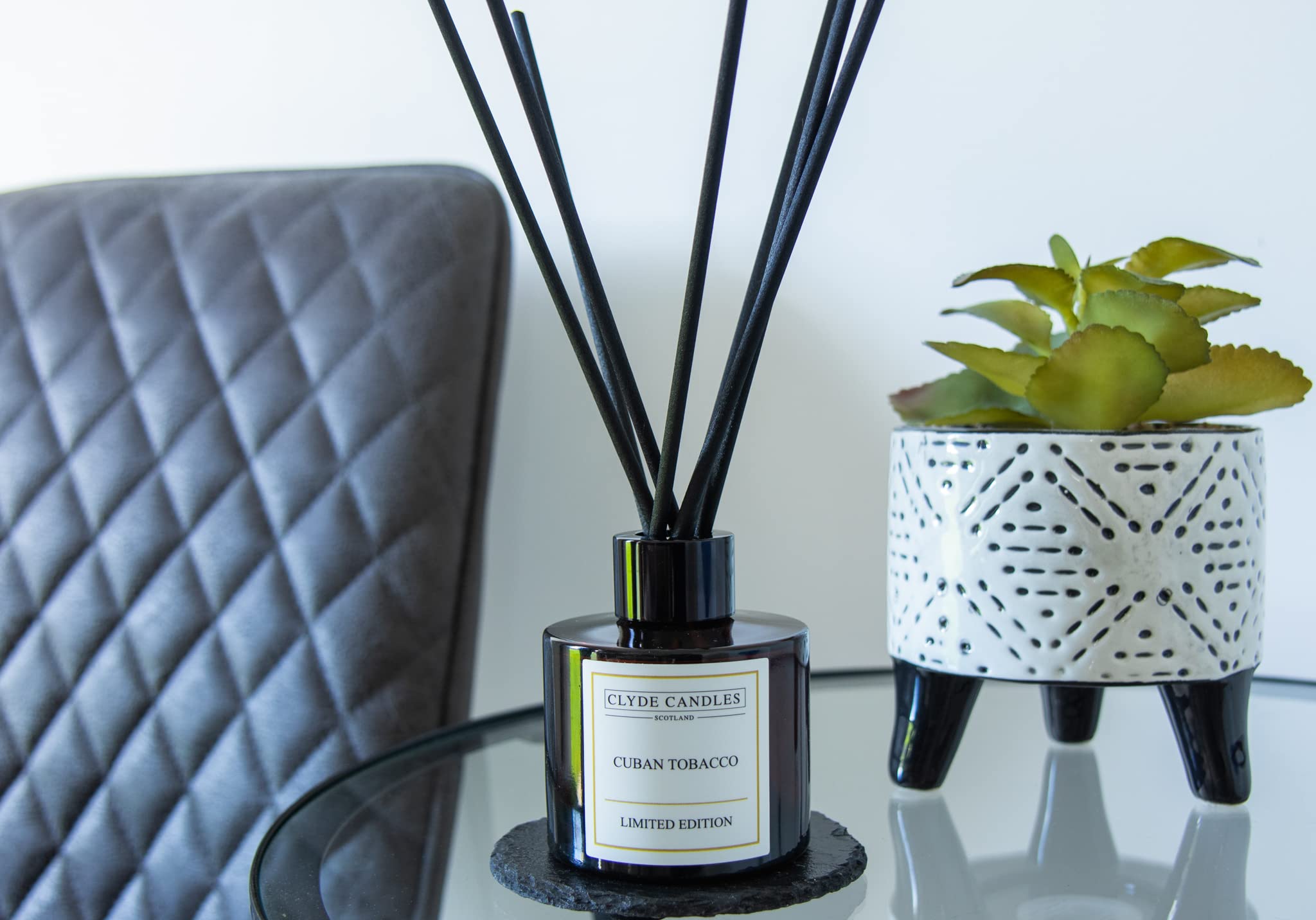 Clyde Candles Black Cuban Tobacco Reed Diffuser - 100Ml, Set Of 7 Fibre Sticks, Best For Home, Kitchen, Living Room, Bathroom
