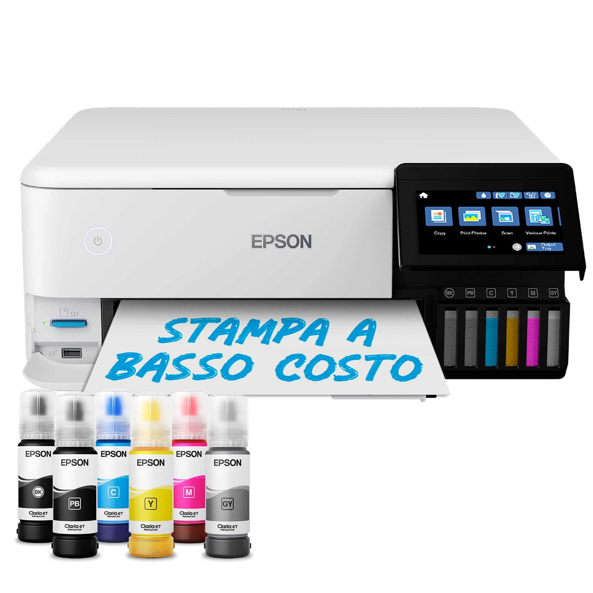 Epson EcoTank ET-8500 - Stampante per serbatoi d'inchiostro, stampa fotografica, inchiostri a 6 colori, wireless, A4, stampa, copia, scansione, touchscreen da 10,9 cm, stampa fronte/retro