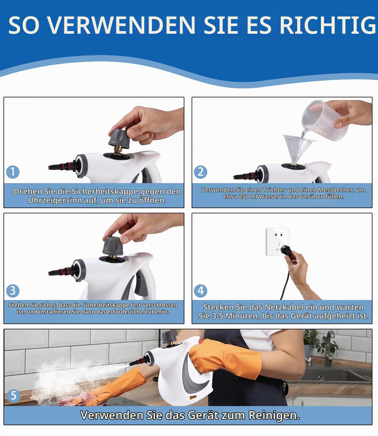 Dampfreiniger, 1050 W Dampfreiniger Handgerät mit 12 Zubehör, 3,2 bar Dampfdruck Hand Steam Cleaner, Multifunktional Handdampfreiniger für Alles Boden Küche Badezimmer Fenster Auto Sofa Teppich