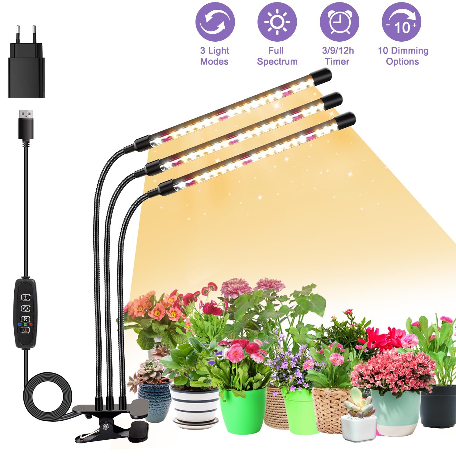 3 teste di luce per piante, Lampada per Piante LEDs, Lampada Piante Coltivazione, Luce di crescita a spettro completo, Lampada di Crescita con Timer Auto on/off 3/9/12H per Frutta Verdure Fiore