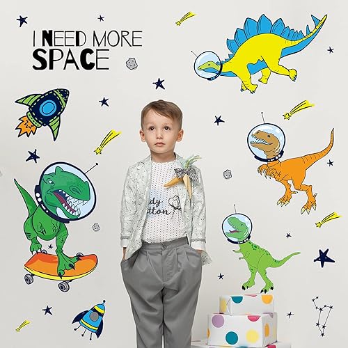 Miniatura 5 de Yovkky Calcomanía de pared de astronautas de dinosaurios espaciales para niños, divertido dinosaurio animal, planeta, decoración de guardería,