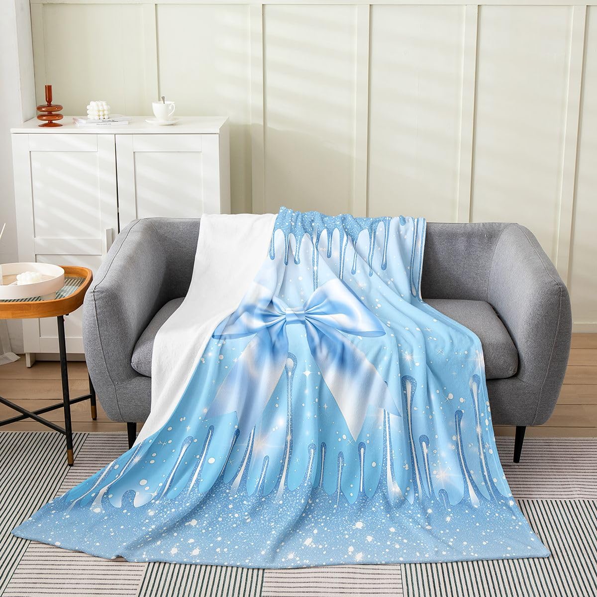 Cute Bowknot Bed Blanket,Princess Romantic Bow Tie Flannel Blanket for Bedroom Decor,Glitter Blue Bedding Set for Kids Adults,Super Soft,Twin 60"x80"