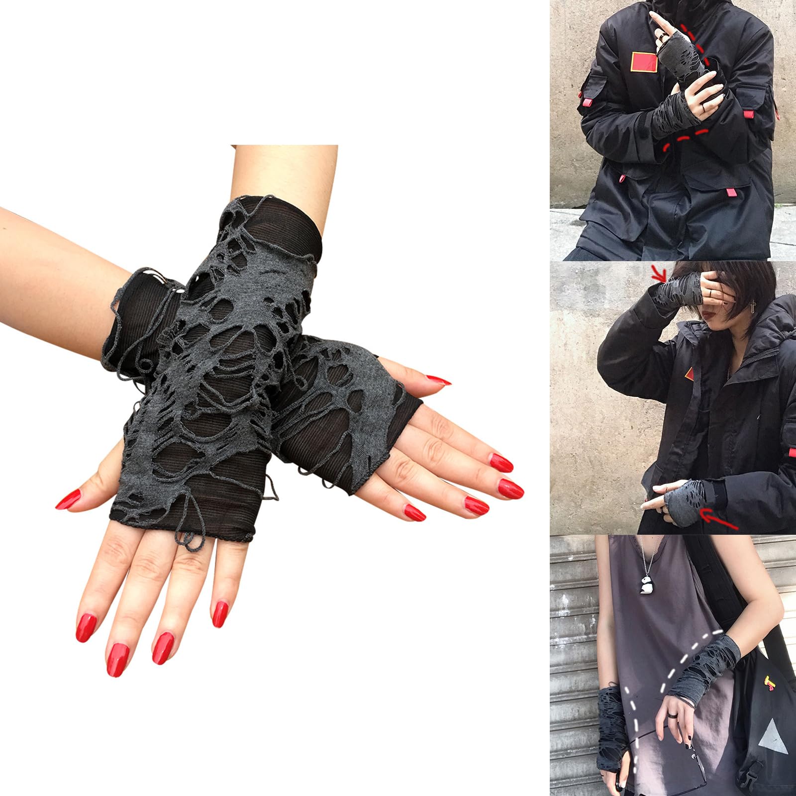 XAGMODSHN Punk Gothic Gloves Sleeves For Halloween Party Fingerless Gloves For Cosplay Dark Ripped Sleeves Halloween Costume