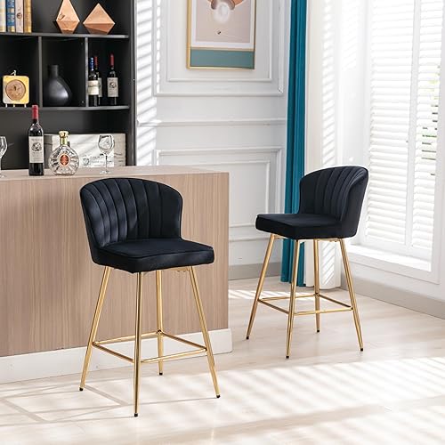 Miniatura 9 de Juego de 2 taburetes de bar modernos de terciopelo blanco con patas doradasrespaldo de concha, taburetes tapizados de 26 pulgadas, sillas de bar