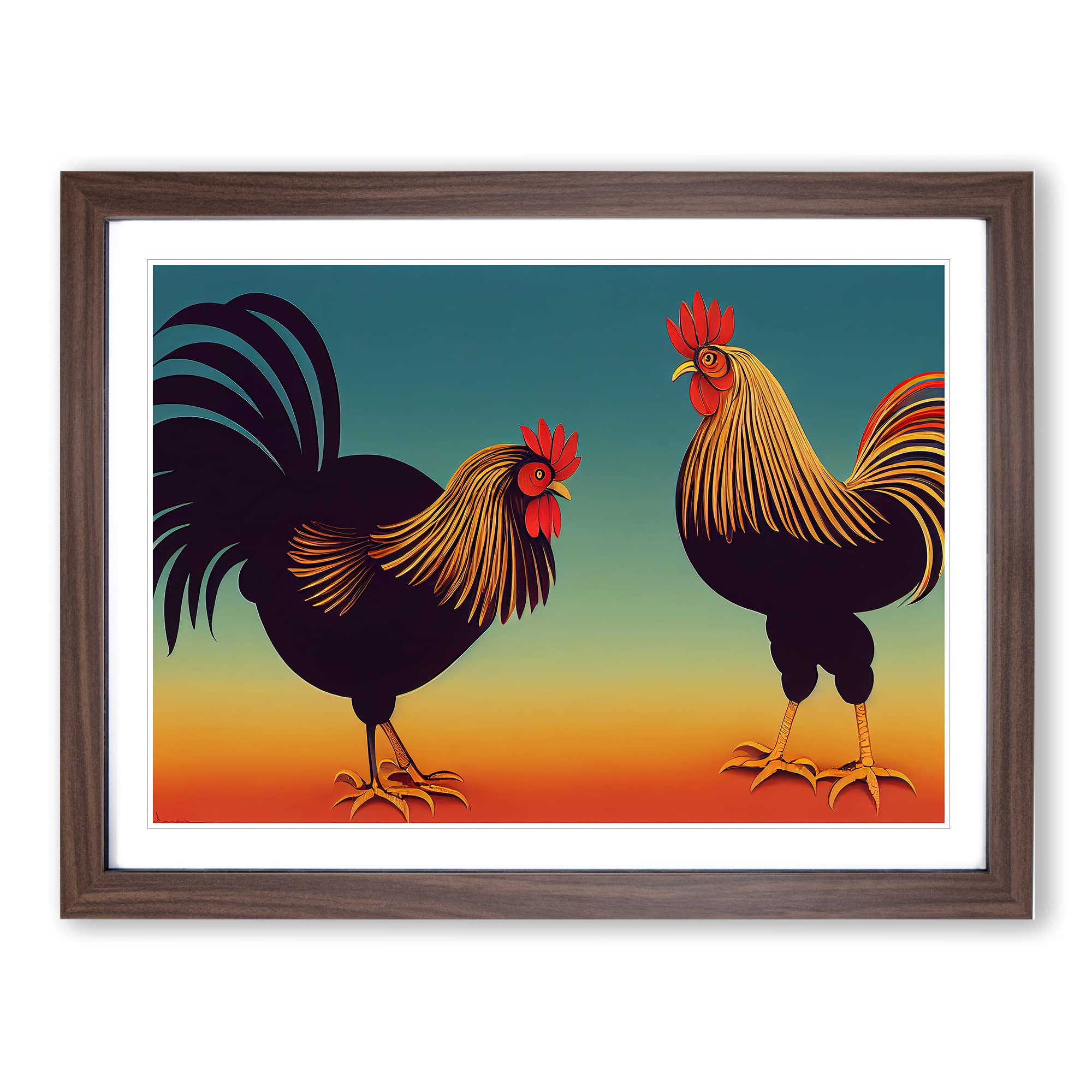 The Two Roosters Framed Print, Walnut, A3 (46 x 34 cm)