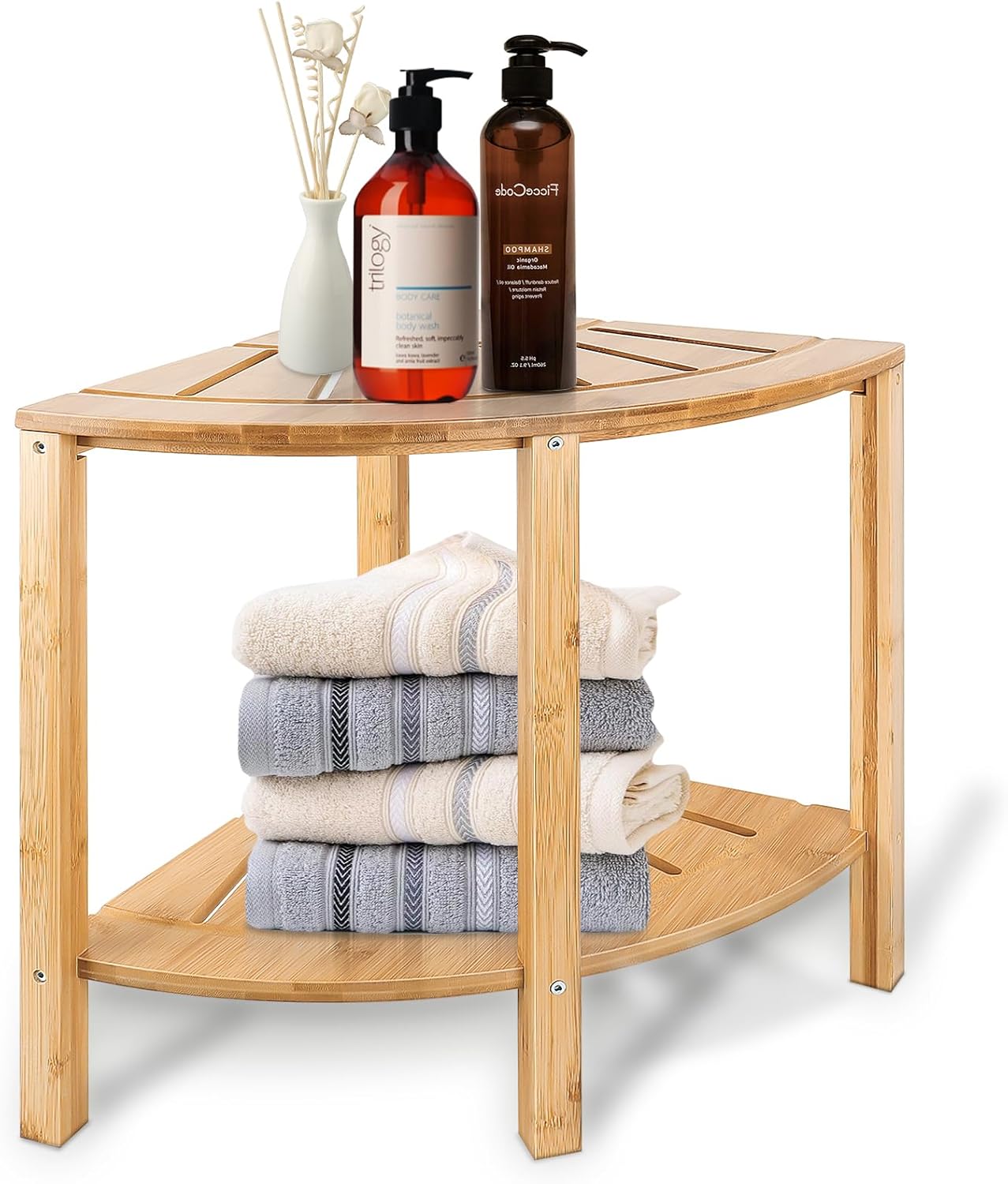 Shower Foot Rest, Bamboo Corner Shower Bench for Shaving Legs, Shower Stool with Storage Shelf for Inside Shower- Waterproof Bath Shower Seat for Bathroom