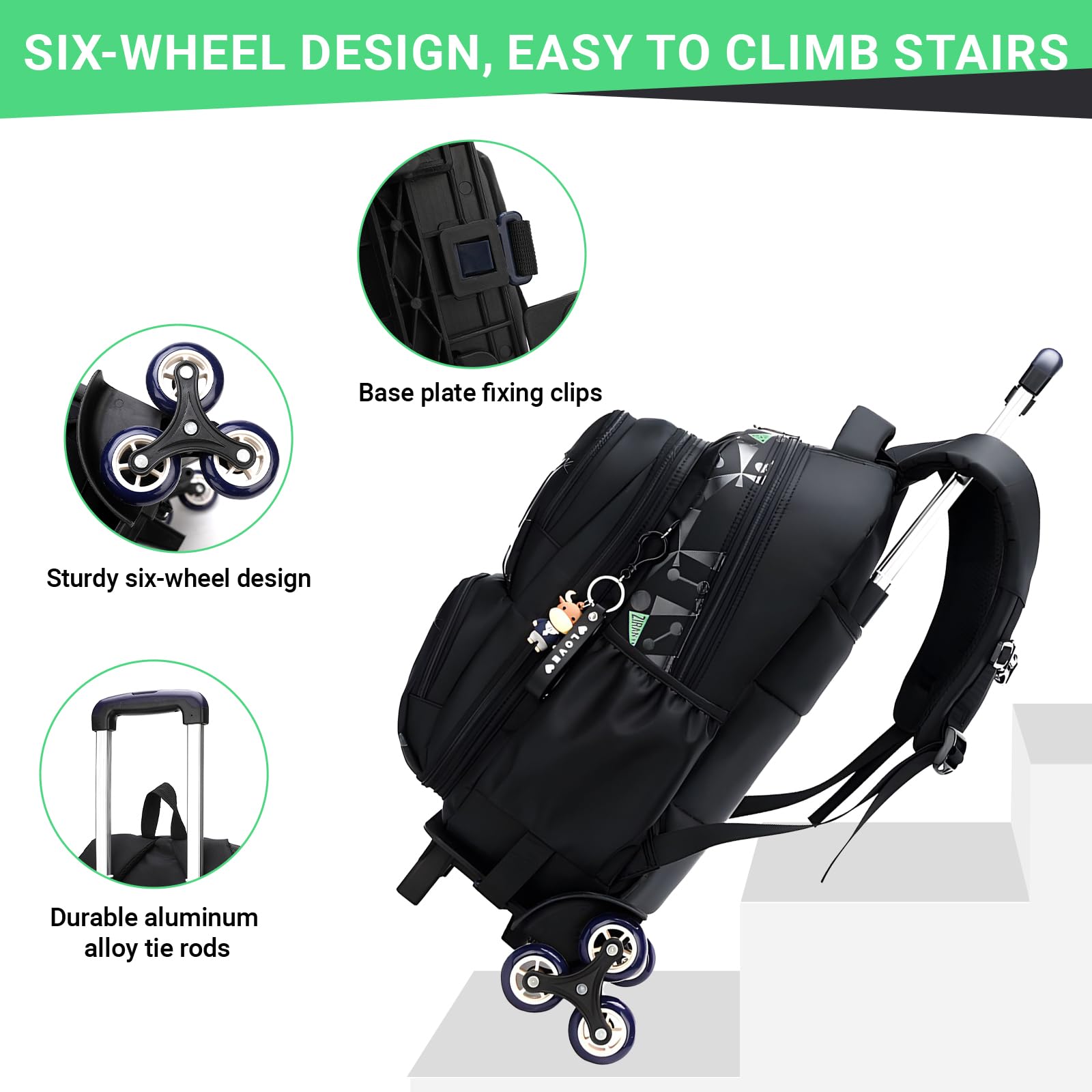 Amythe Zaino Trolley per Bambini Zaini Scuola Elementare, Zainetto Ragazzi da Viaggio con Carrello e Maniglia Telescopica, 6 Ruote, Nero