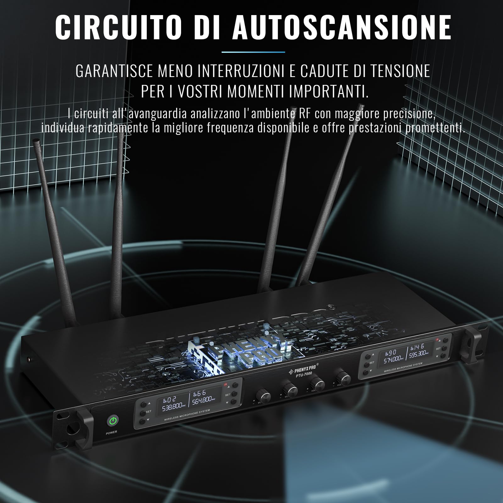 Phenyx Pro Sistema Microfono Wireless UHF a 4 canali PTU-7000-2H2B | Auto Scan, 2 microfoni dinamici, 2 bodypack, mic headset/lavalier, 4 × 40 frequenze, portata 328 ft, DJ set