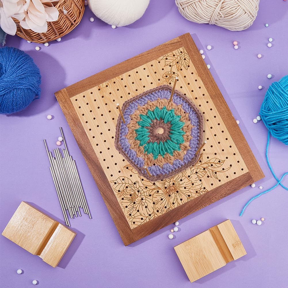 SUPERFINDINGS Crochet Blocking Board with 30 Rod Pins Handcrafted Knitting Wooden Crocheting Accessories 11x10Inches Square Blocking Boards with 2 Based Crochet Gift for Knitting Crochet Projects