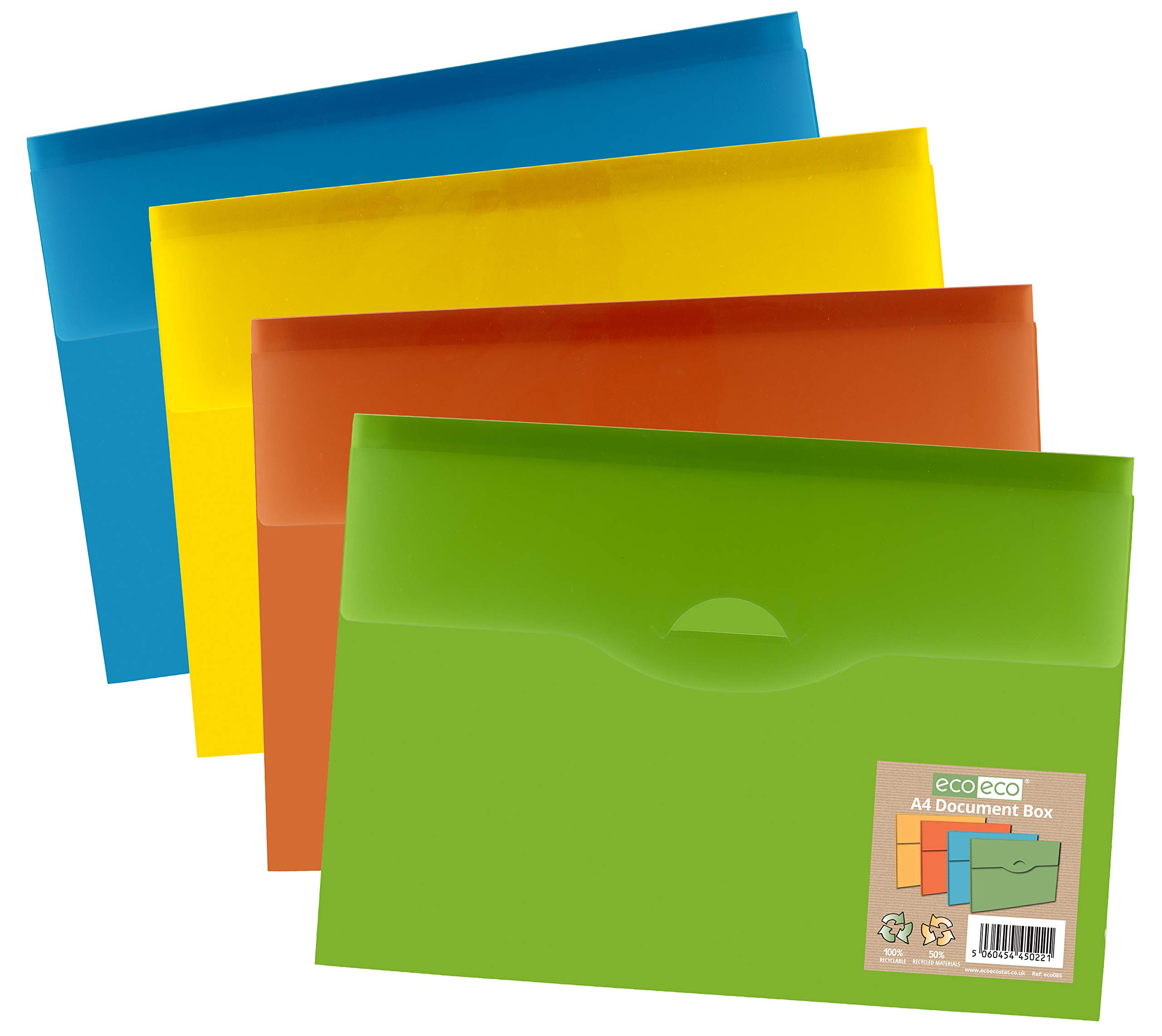 eco-ecoA4 50% Recycled Slim Document Box File Folder - Pack of 4 Assorted Colours