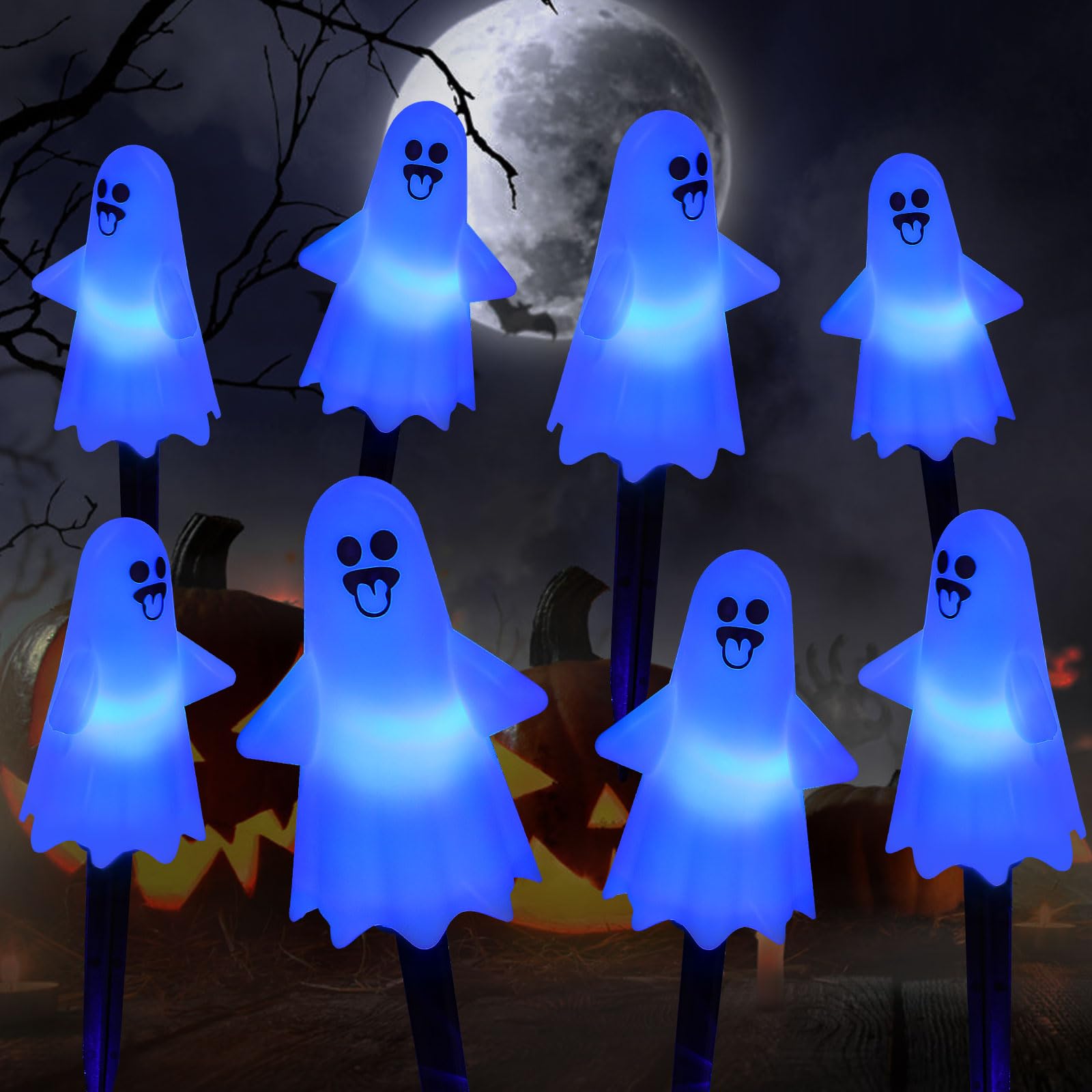 8Pcs Ghost Halloween Decor Pathway Lights Outdoor Solar Powered Ghost Stake Lights with 8 Lighting Modes Waterproof Halloween