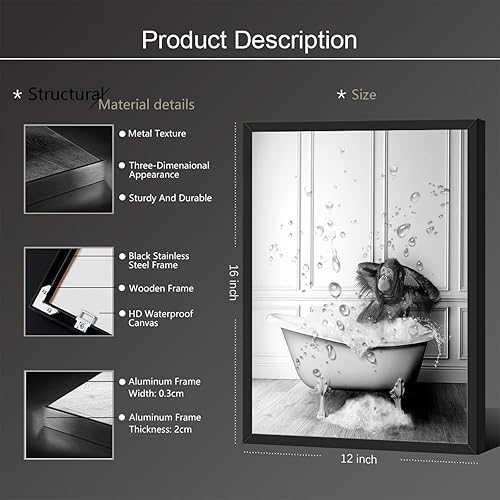 Miniatura 7 de XMJJQQ Arte enmarcado divertido lienzo de baño de mono, bonito póster de baño en blanco y negro, estampado de mono animal en el baño, decoración de