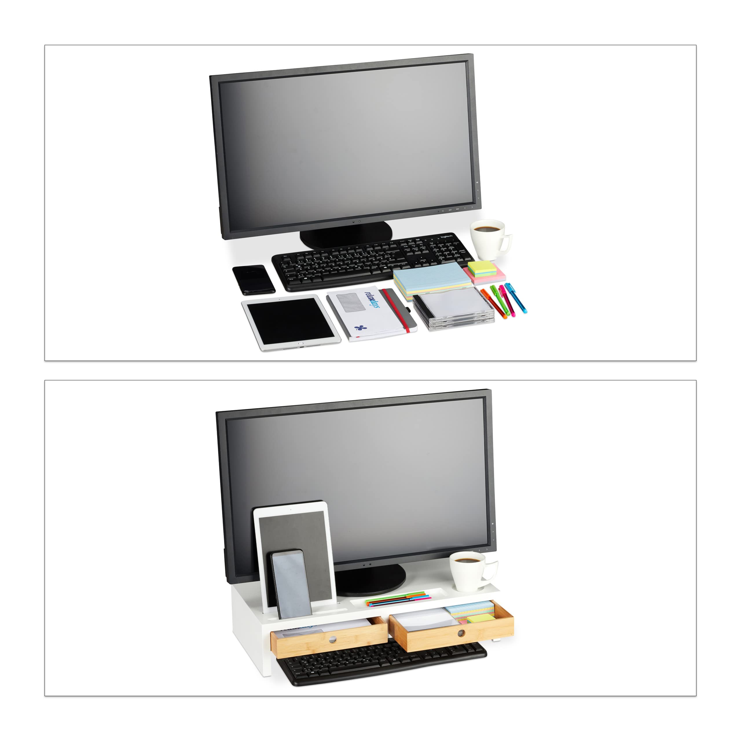 Relaxdays Supporto per Monitor, 2 Cassetti, Rialzo per PC, in bambù & MDF, HLP 11,5 x 47 x 18 cm, Bianco/Legno Naturale