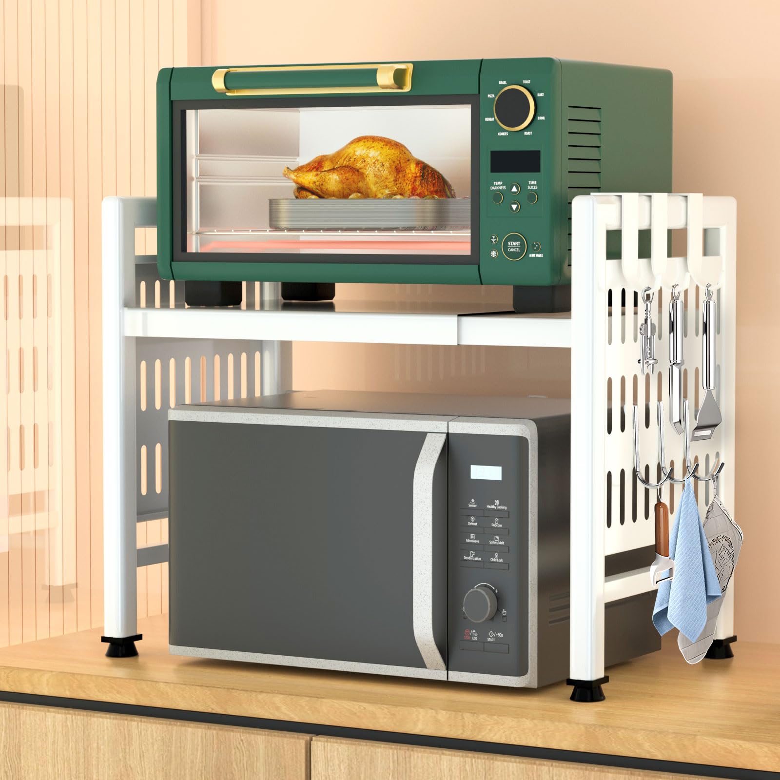 ZLPBAO Estantería para microondas de 2 niveles, color blanco, alta estabilidad, ya que antideslizante y pies de goma - Altura y longitud ajustable para microondas 40-64 cm, estantería de cocina con 6