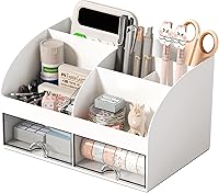 COMFYROOM Desk Organizer: 6 Compartments & 2 Drawers, White Plastic Makeup Pen Holder for Office Home School Supplies