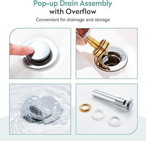 Miniatura 7 de Faustina Grifo de baño cromado pulido, grifo de baño de un agujero, grifo de lavabo de baño de 3 agujeros con drenaje desplegable, grifo de tocador