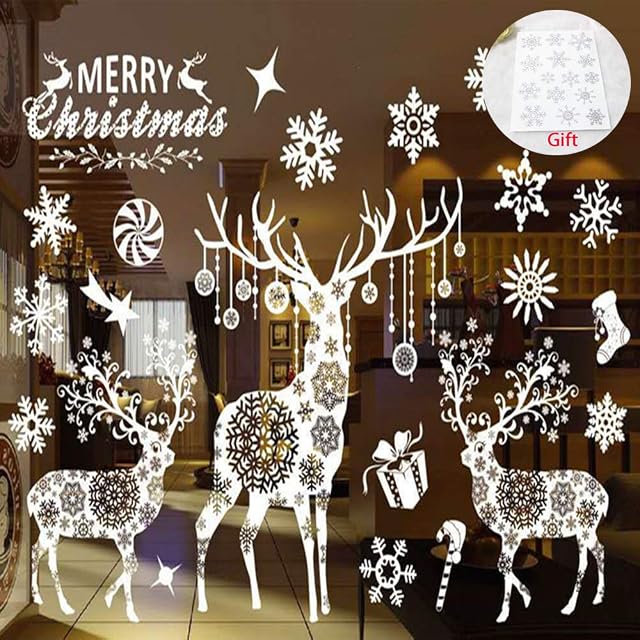 Kungfu Mall Christmas Window Sticker Merry Christmas Lovely Deer Decal and Snowflake Wall Window Sticker for Xmas Home Decorations