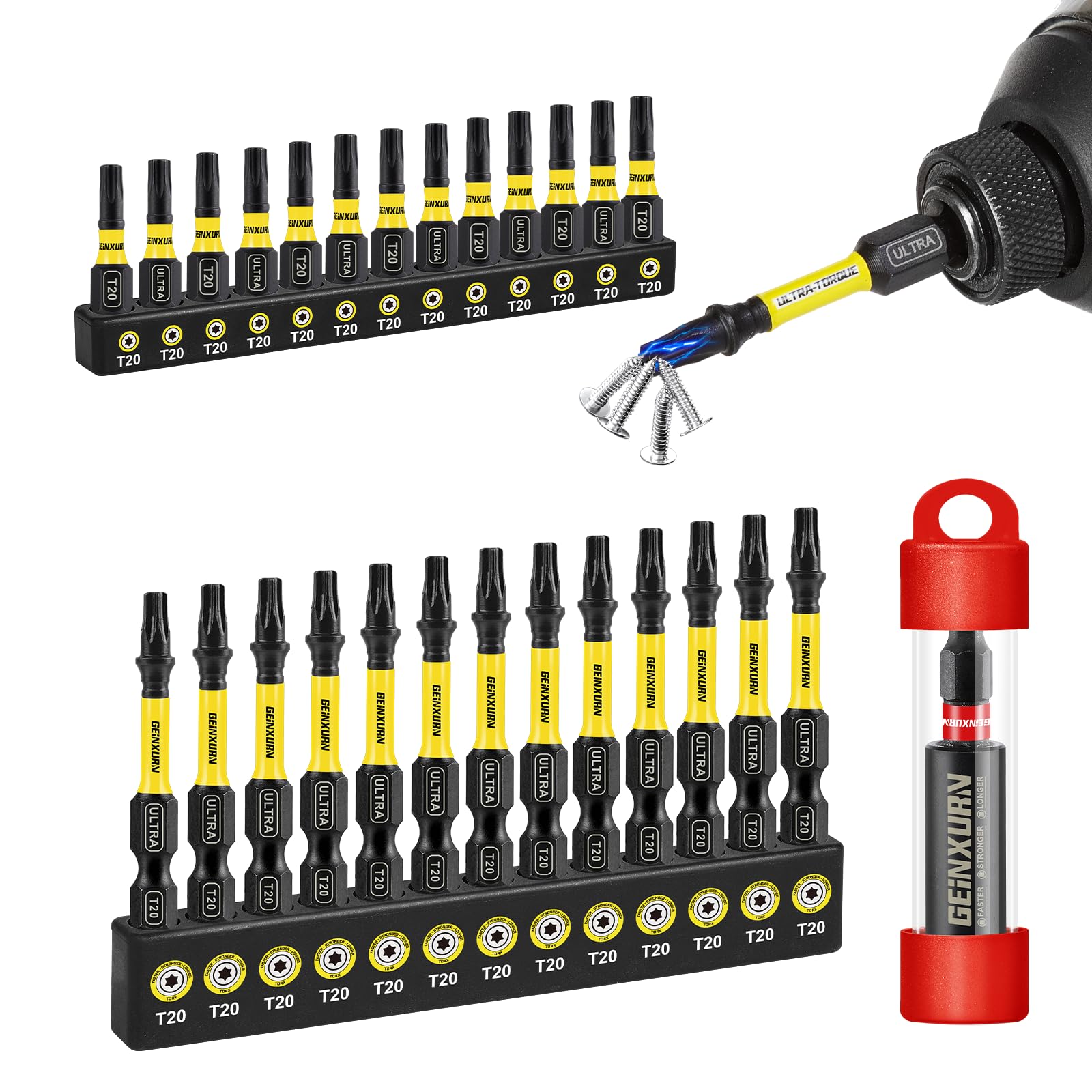 Geinxurn Impact Torx Screwdriver Bits Set,26Pcs 1”/2”Magnetic T20 S2 Steel Star Driver Bits and 1Pc Bit Holder with Color Coded Base