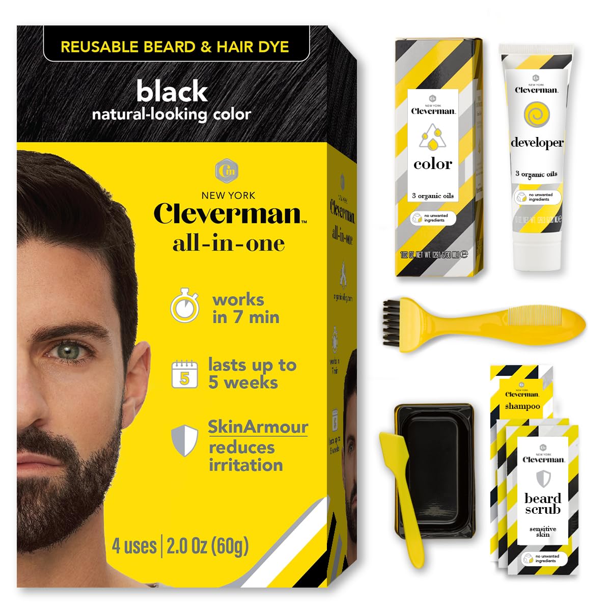 Cleverman Hair and Beard Dye for Men - All-in-One Set - Colour for Men for Natural Coverage Against Grey Hair, Professional Quality, No Ammonia, for Concealing Grey Hair, Beard