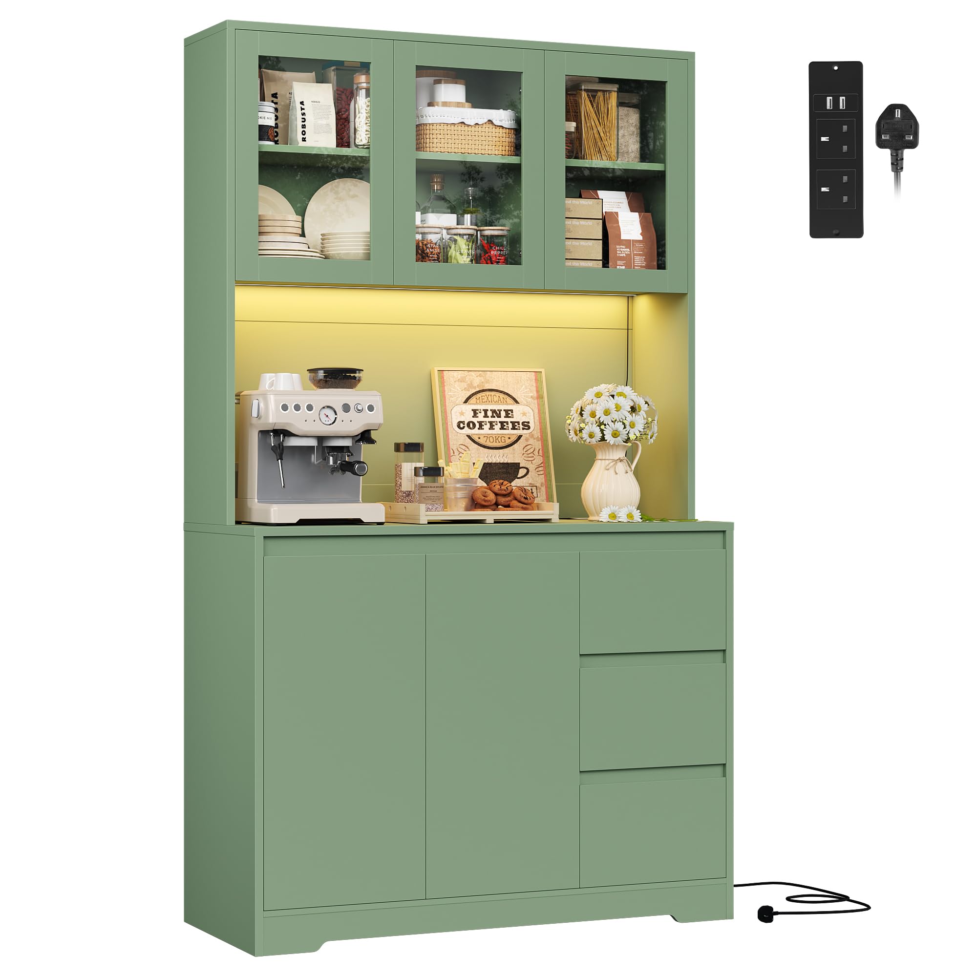 FirFurd Kitchen Cupboard 180cm Tall Cabinet with LED, Power Sockets Kitchen Sideboard Storage Cabinet with Large Countertop, Adjustable Shelves, 3 Drawers 180x100x38.5 cm Green