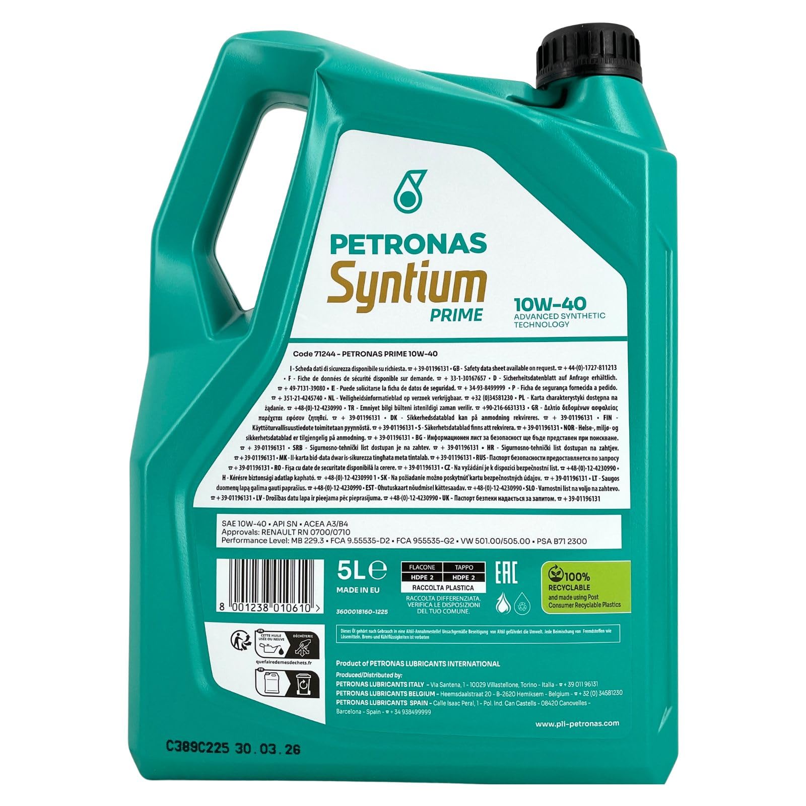 PETRONAS Aceite de motor 10W-40 Syntium ACEA A3/B4 API SN 800 EU 5L Compatible con PEUGEOT 208 I Hatchback CA, CC 2008 I A94, CU, FORD Fiesta Mk6 Hatchback CB1, CCN, JA8, JR8, NISSAN Qashqai II J11