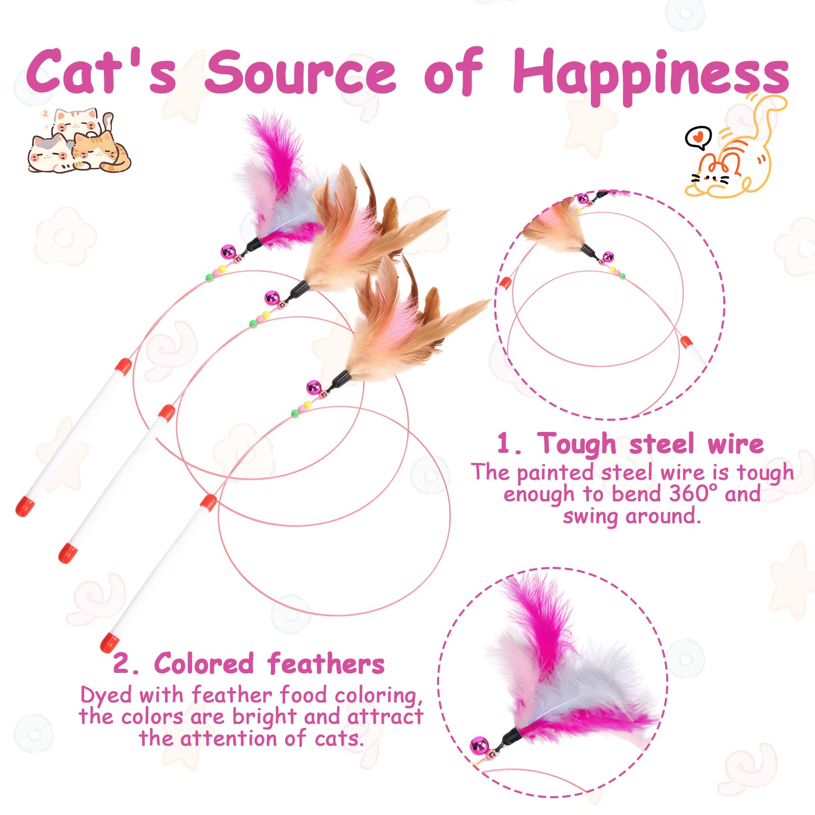 Anmahe Cat Feather Wand Teaser Toy With Bells for Kitten Playing Training, Hunting and Exercising - 3 Pieces - Image 4