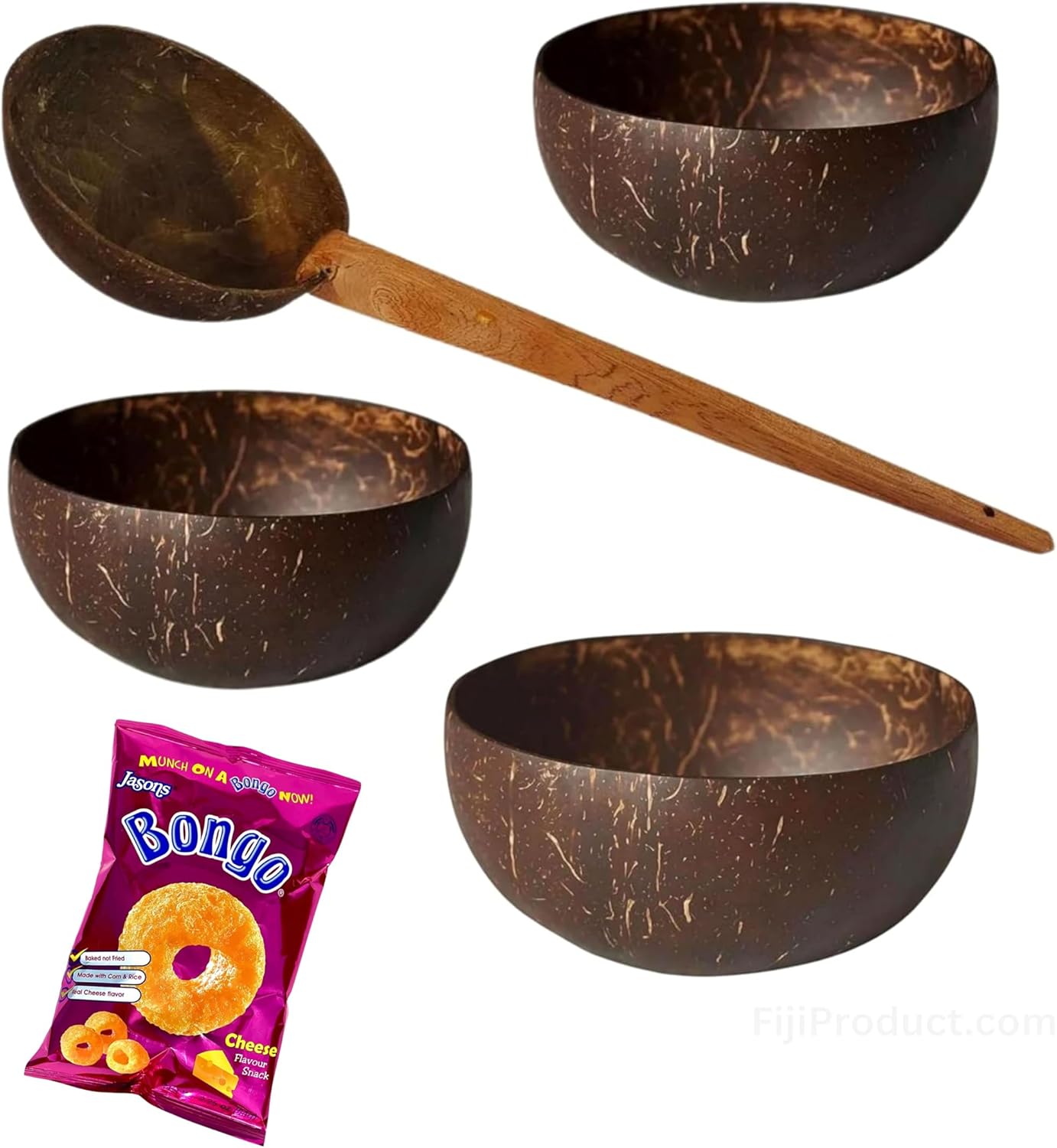 Authentic Kava Drinking Cup - 100% Natural Fiji Kava Coconut Shell (4 Cup-Deal) 1 Bowl with Wooden Handle, With Bonus Bongo Cheese Snacks ...