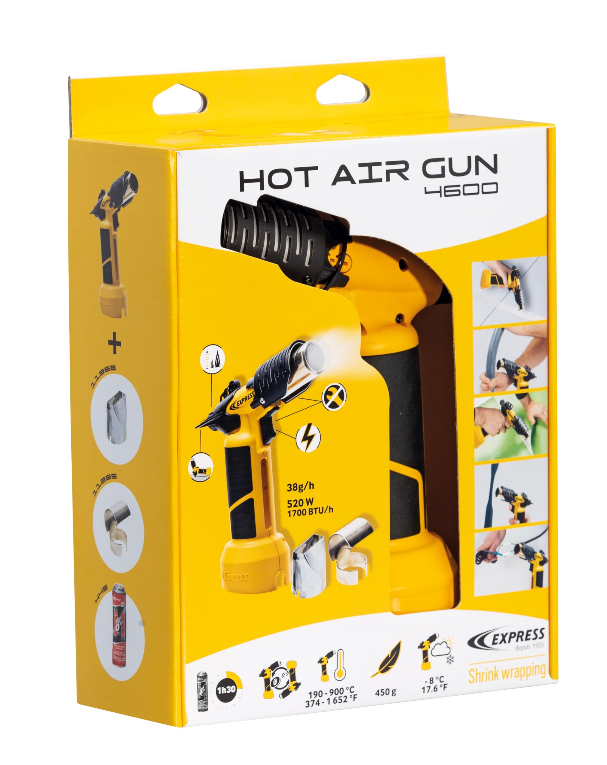 Express, 4600, Pistolet Air Chaud Puissance 400°/750°, 2 Buses Allumage Piezo, 1 Cartouche de Gaz 4600 + Valisette, Accessoire pour Fer à Souder, Lampe à Souder, Fer Couvreur, Chalumeau d'Étanchéité