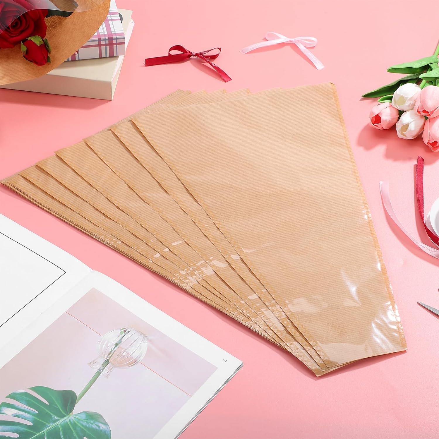Operitacx Flower Bags for Bouquets with Ribbon Ties 17.32X11.02 Inch Floral Wrapping Paper Sleeves for Wedding Birthday Gift Packaging Flower Bar and Arrangement Supplies