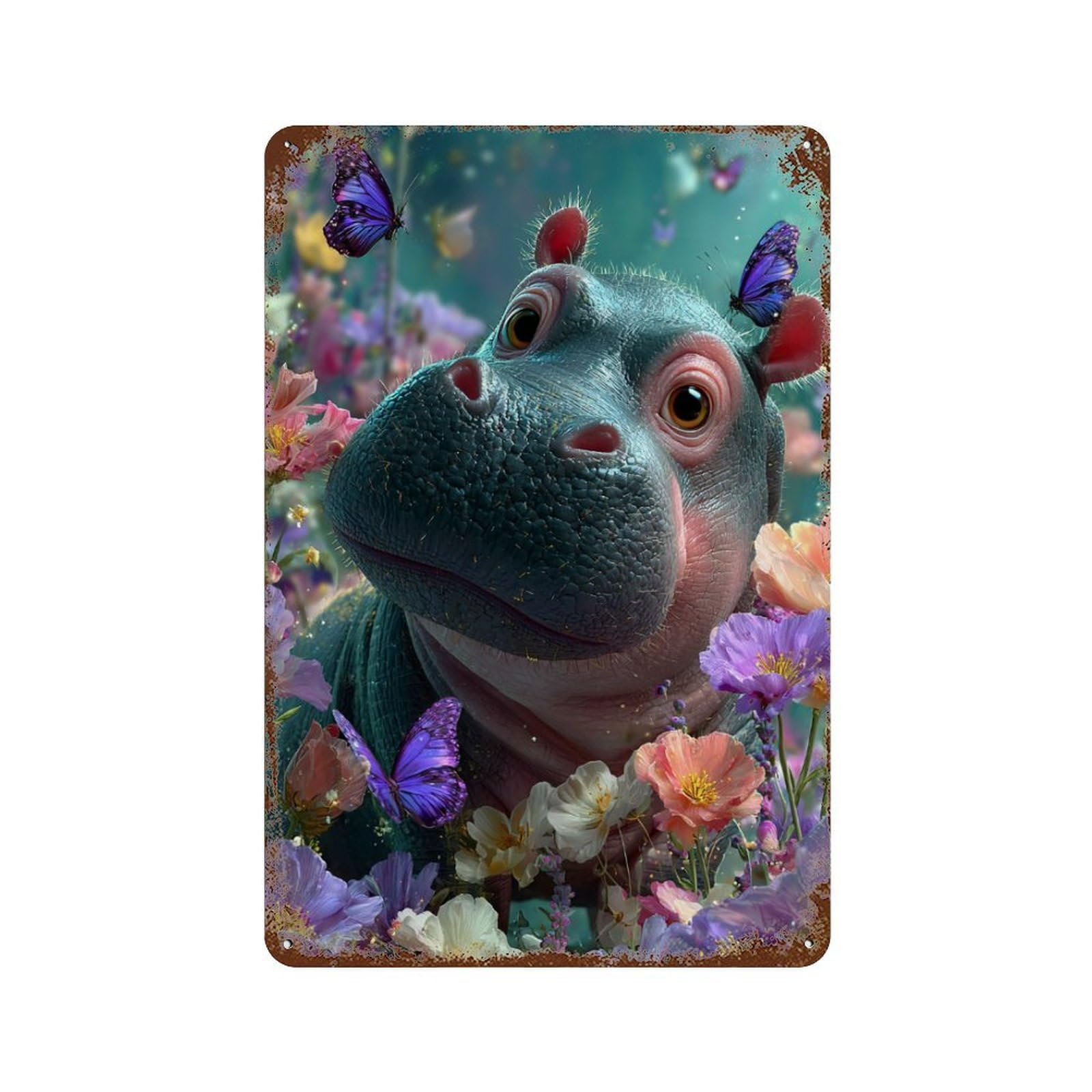 Garage Style Fantasy Hippo in Flowers Aged Metal Wall Plaque 11.8"x7.9", Novelty Wall Decor for Bar And Workshop