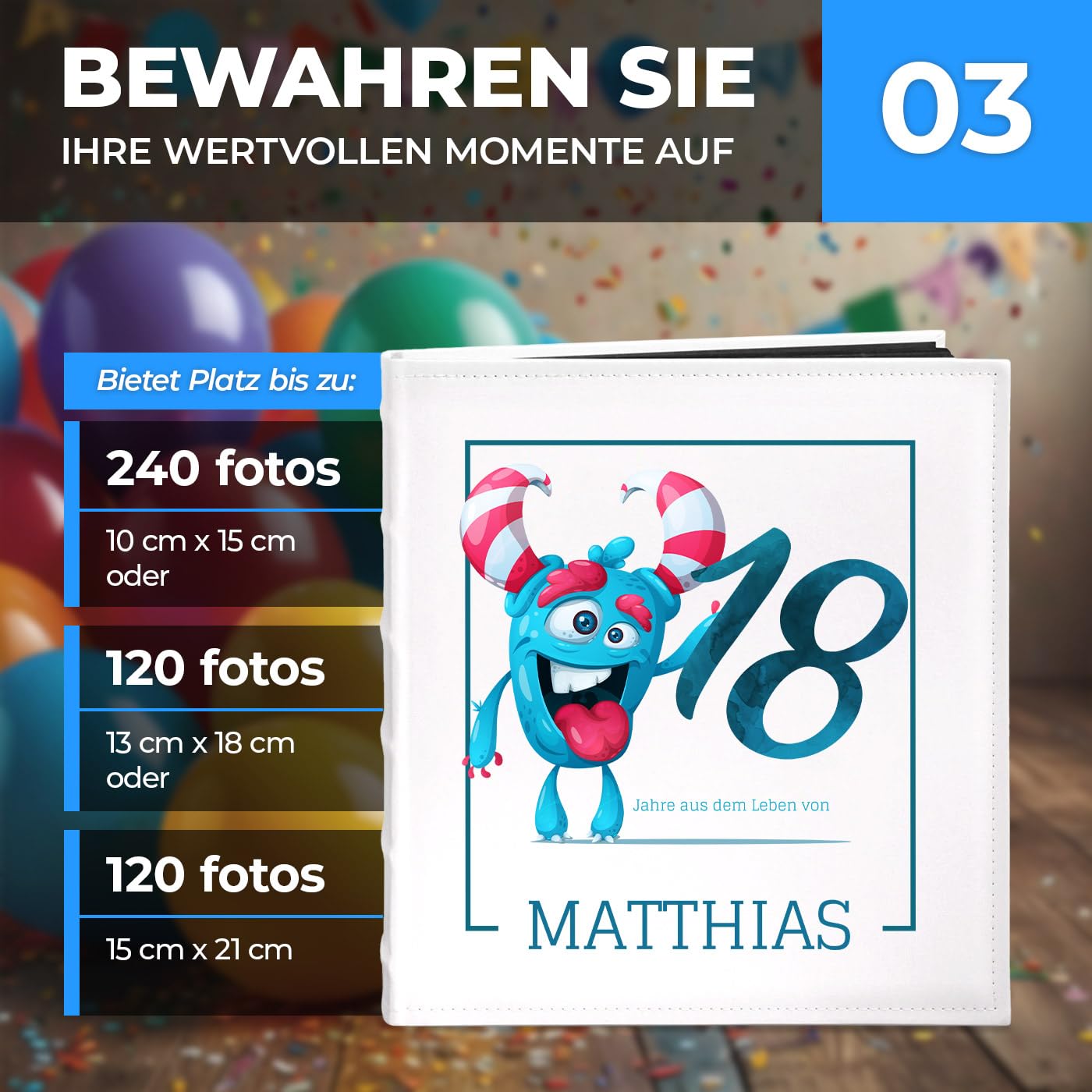 Maverton Fotoalbum zum Selbstgestalten mit Aufdruck - für 240 Fotos 10x15-60 schwarze Seiten - Größe 33x30cm - Weiß - personalisierte Geschenke für Herren - Geburtstagsgeschenk