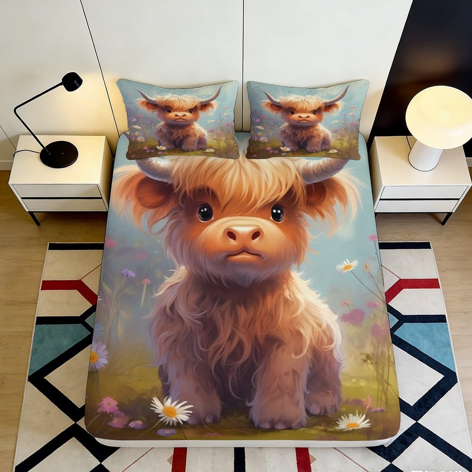 3D Printed Highland Cow Fitted Sheet Microfiber Soft Anti-Slip Daisy Meadow Mattress Cover for Bedroom Guest Room Decor 90x200x25cm