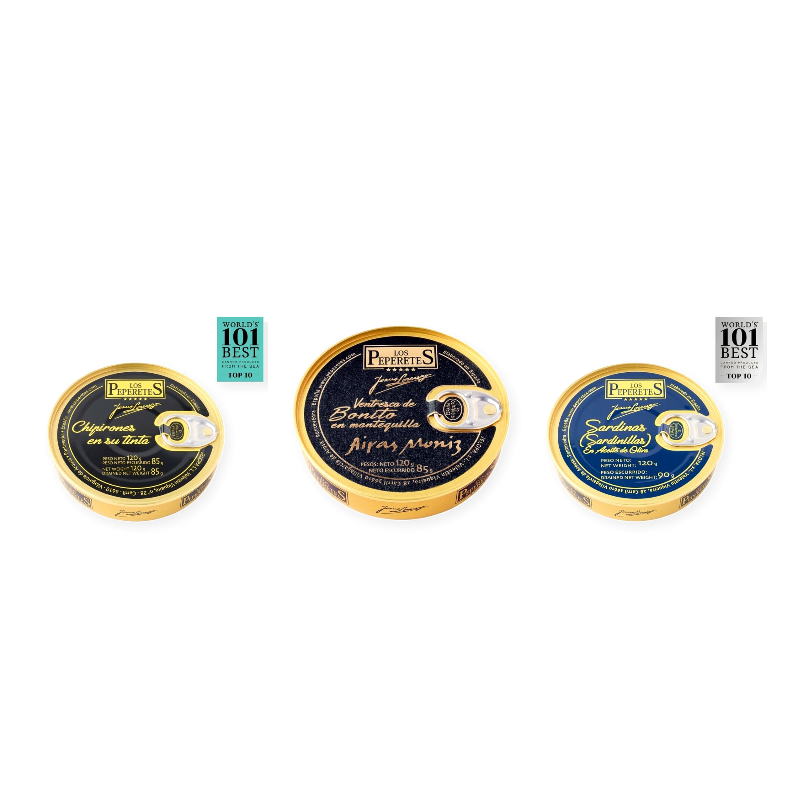 los peperetes conservas Chipirones Tinta 120g, Ventresca Bonito Mantequilla y Sardinillas Aceite Oliva pack 3 latas