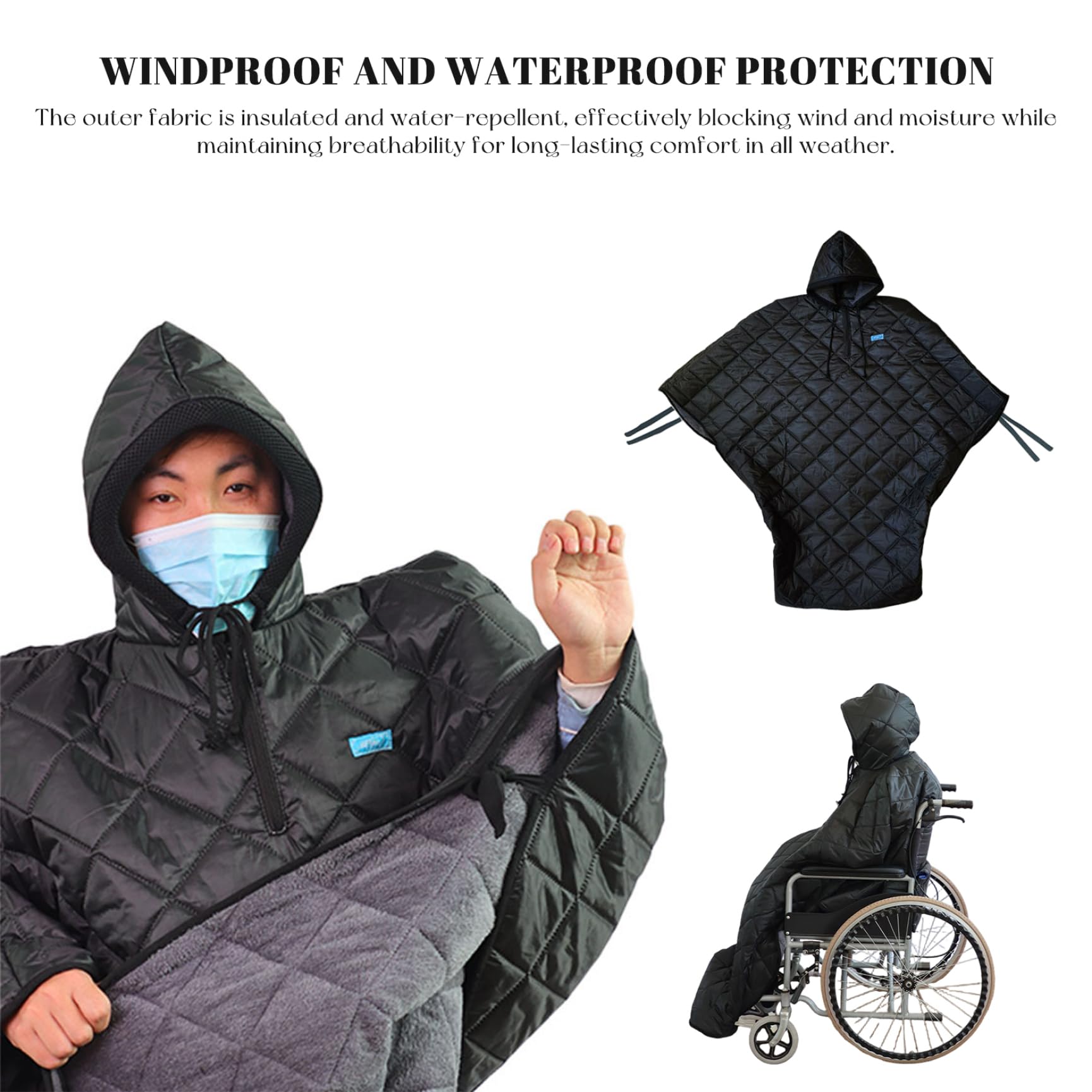 Manta para silla de ruedas Poncho para silla de ruedas con capucha de tela con forro polar cálido Cubierta de cuerpo completo resistente al viento e impermeable para adultos, hombres y mujeres co-