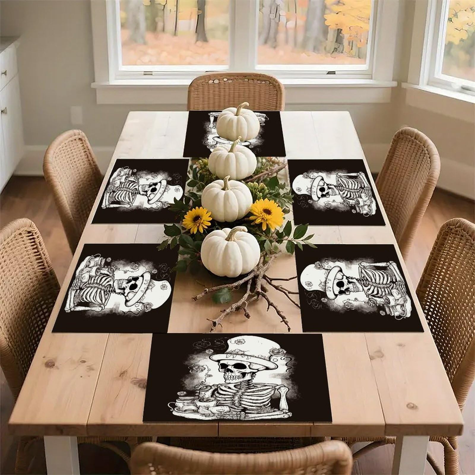 Skeleton Chef Placemats Non-Slip Heat Resistant Table Mats Flax Washable Cloth Place Mats Easy to Clean Premium Placemat for Kitchen Dining Table Decor Party Outdoor