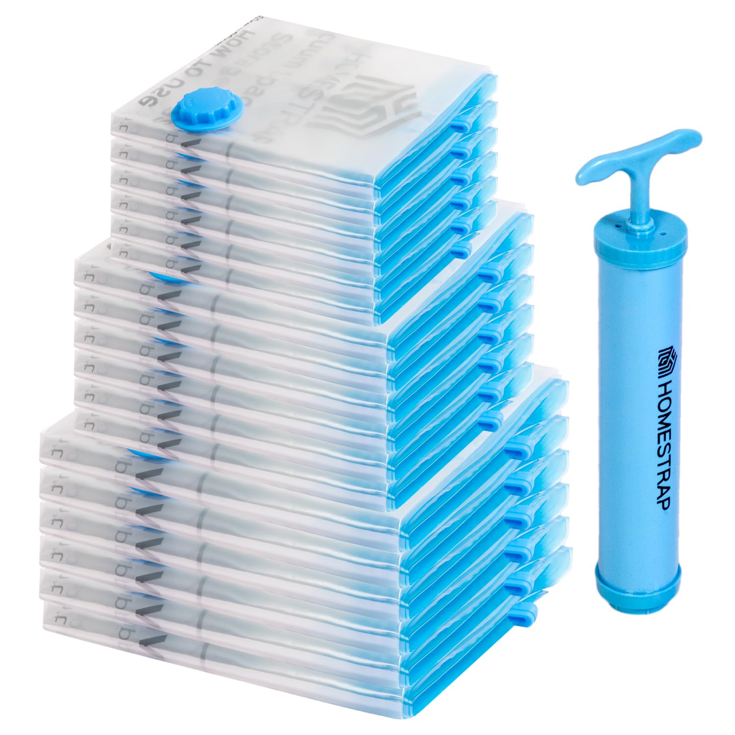 Homestrap Pack of 18 Vacuum Storage Bags with Pump (6 Large,6 Medium,6 Small)| Airtight and Reusable Space Saver Double Ziplock Bags with Vacuum Pump-Plastic,Transparent