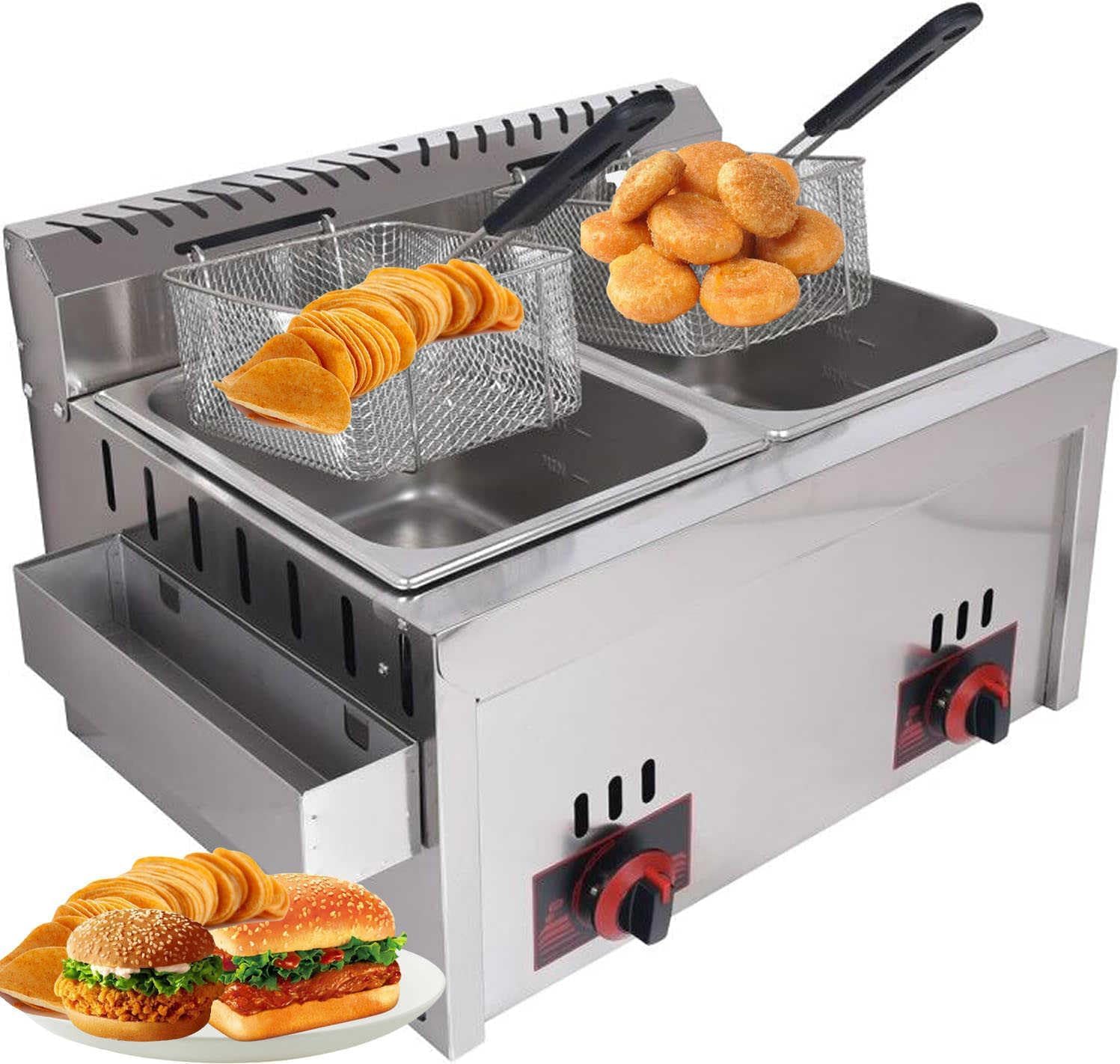 Friggitrice a Gas Professionale 10L*2 Doppia Vasca, Acciaio Inox con Regolazione Manuale della Temperatura e Cestello Rimovibile per Ristoranti, Catering, Cucine Domestiche e Food Truck