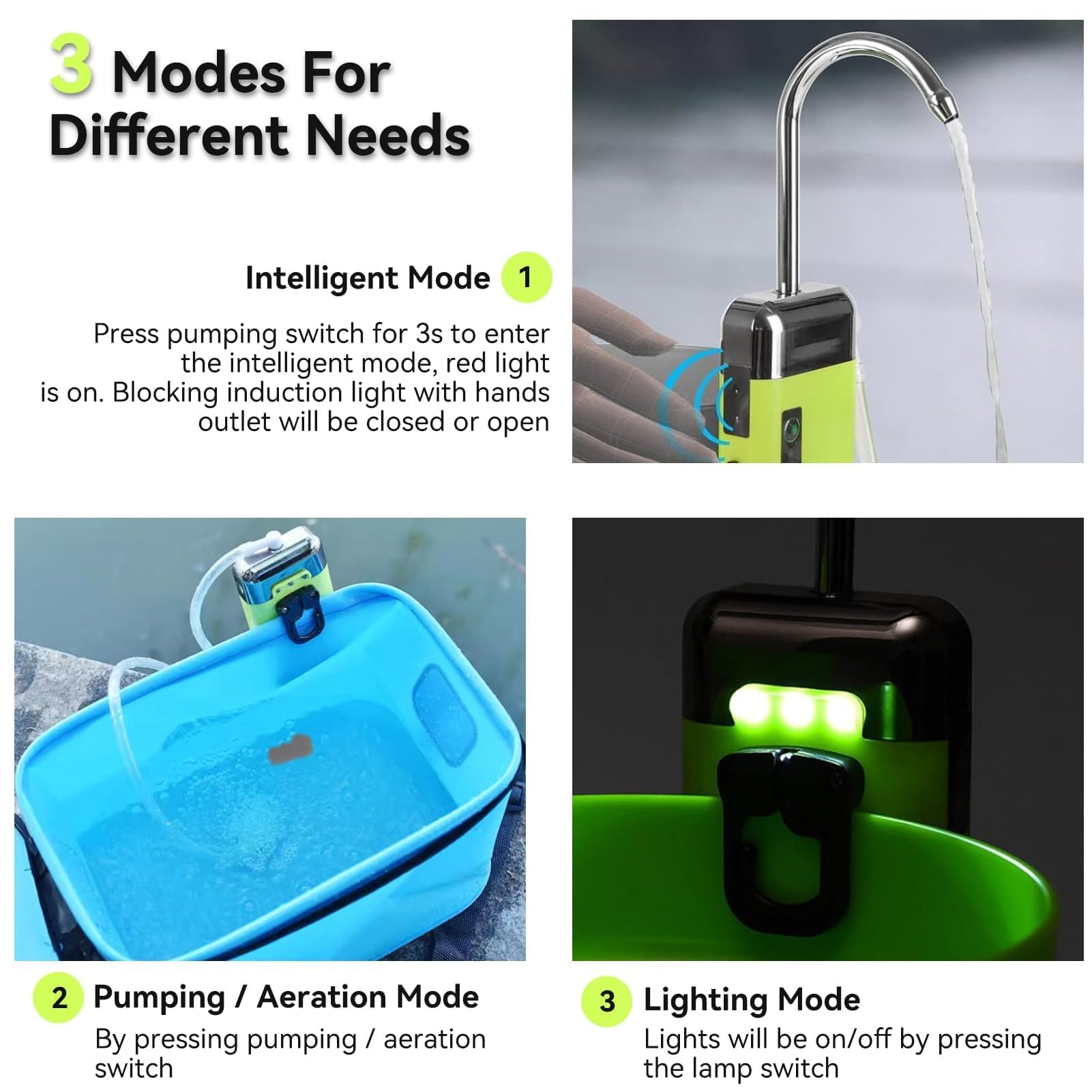 Sauerstoffpumpe, USB Lade 3 Modi ABS Aquarium Luftpumpe Dreifache Filtration Sauerstoffpumpe Smart Sensor Pumpen von Wasser LED-Licht Angeln Händewaschen Angeln Zubehör mit 240cm/94,5 Zoll Schlauch