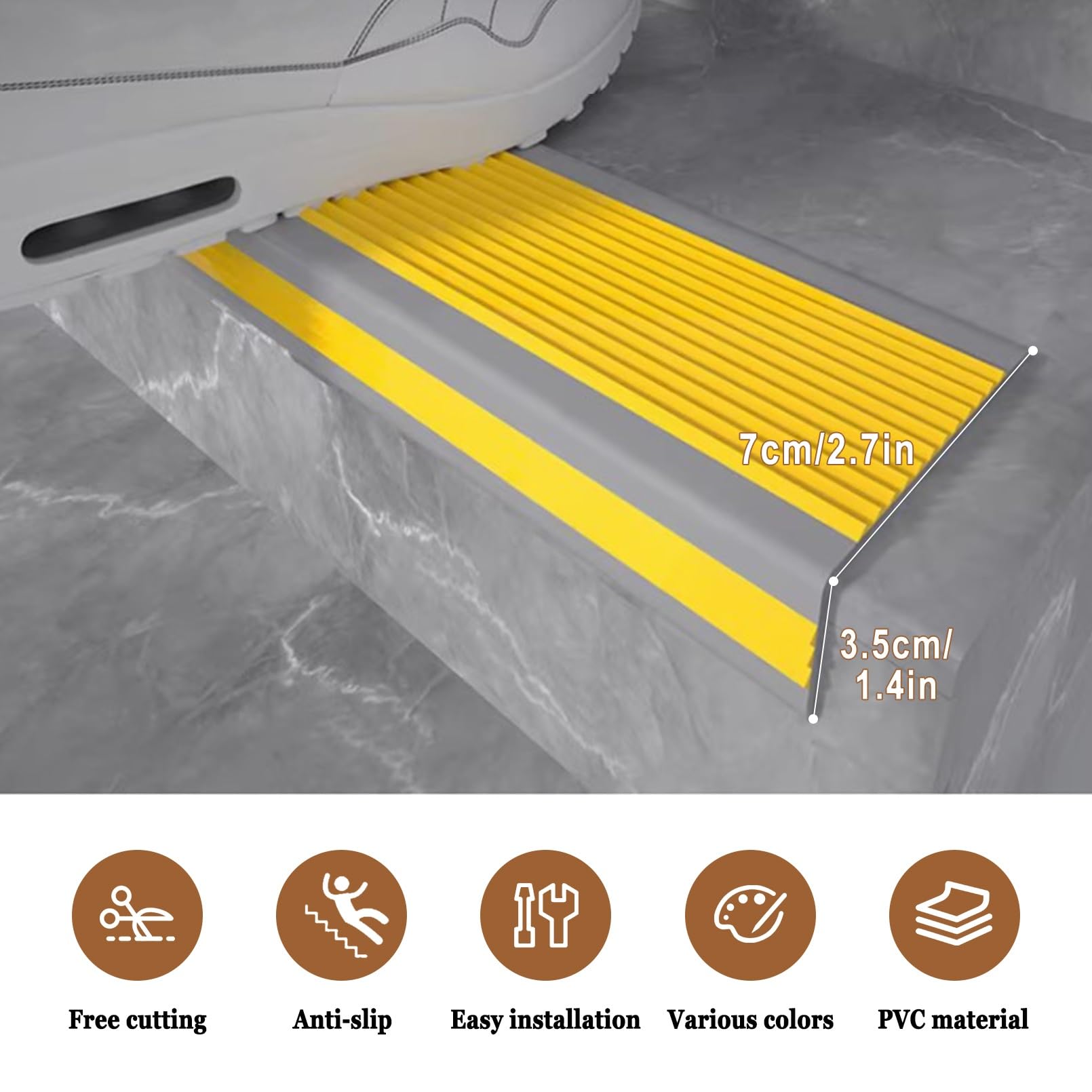 Perfil de Borde de Escalera Tira Antideslizante Tira, Perfil de Escalera de Plástico PVC Autoadhesivo, Ancho 1,4 × 2,7in, Para Peldaños de Interior Y Exterior, Tiras Antideslizantes Para Peldaños(Gray