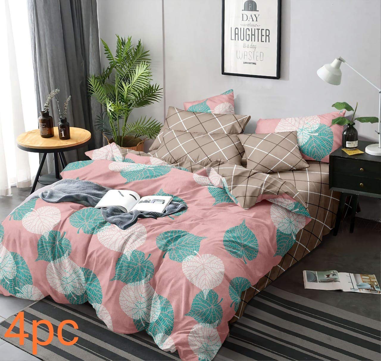 Castiqa Glace Cotton Microfiber AC Comforter King Size with Matching Bedsheet -4 Pieces Combo Set of Double Luxurious Reversible Comforter Elegant Bedsheets with 2 Pillow Covers (Pink Leaf)-image-14
